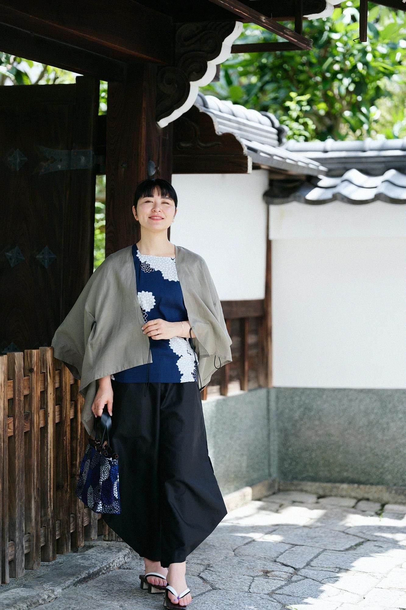 高島縮棉 40/40 方領上衣 六分袖/雲間菊 良夜