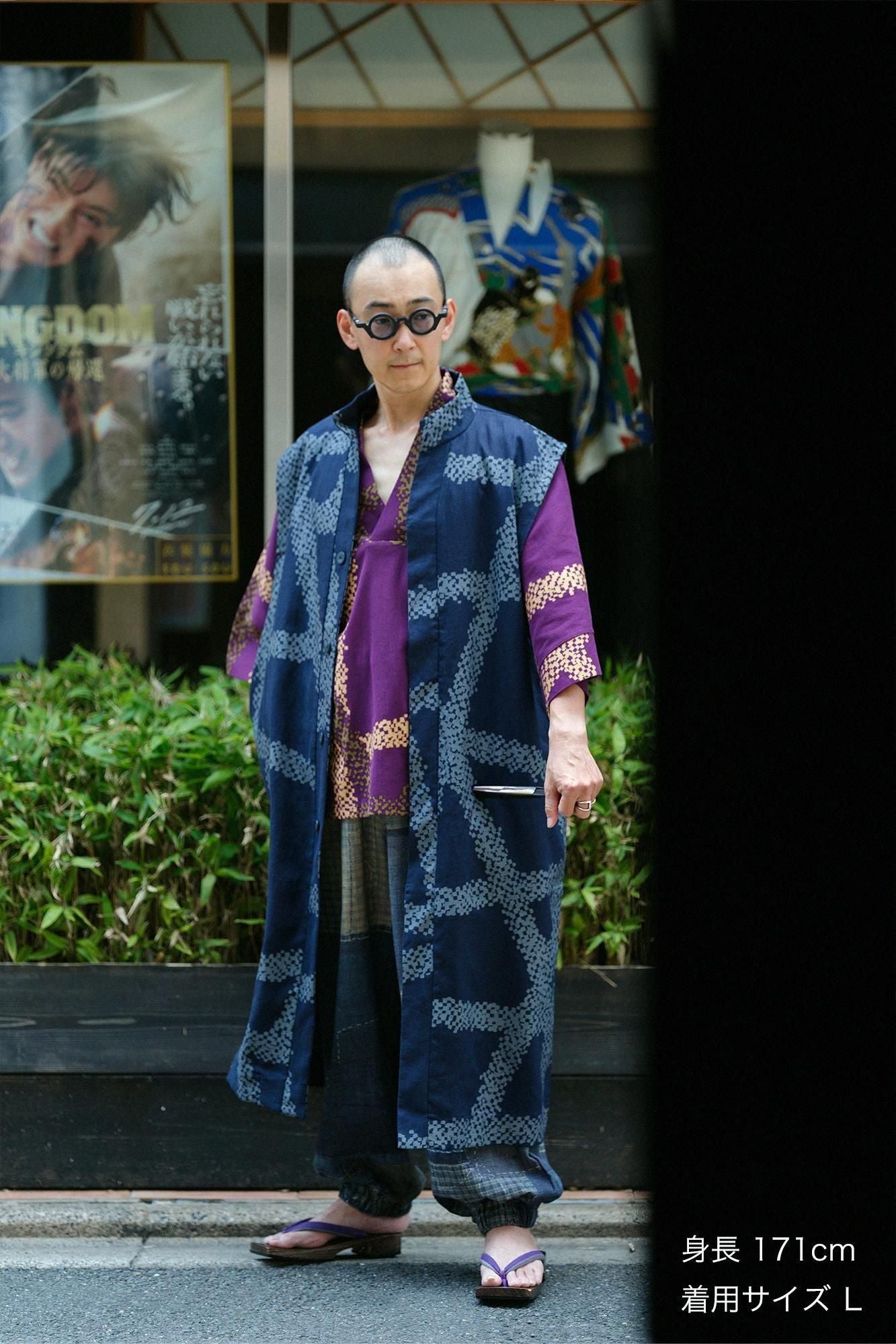 Linen Nakajiro Dye Long Jinbaori Single Layer / Tied-up Dark Blue