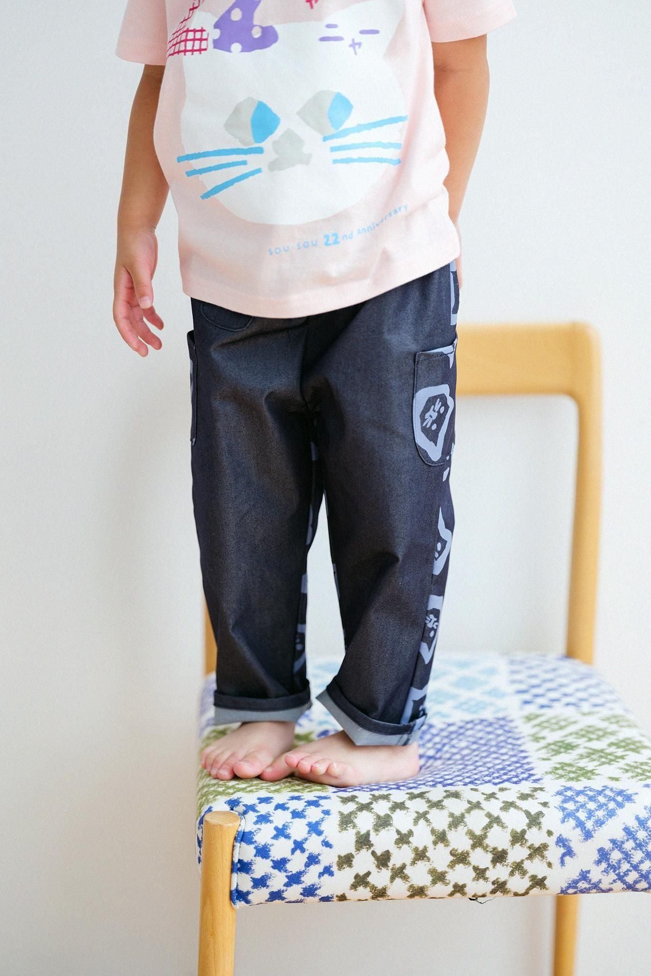 ●Men × Cool Motion (R) Monpe Pants for Kids 3 Pockets / Kitten Craze Blue