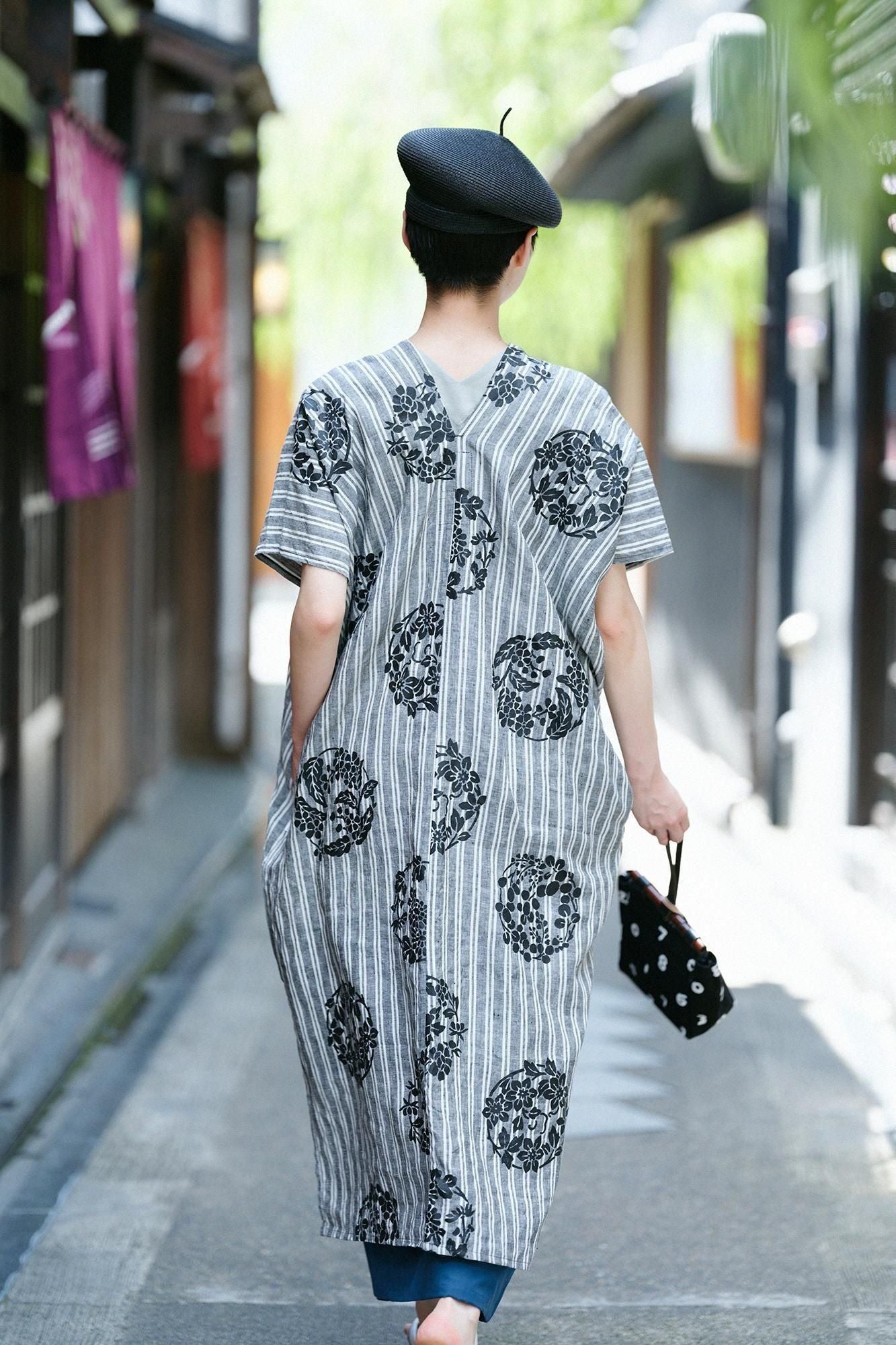 Linen Rectangular Dress Split Joint / Harumaru Pattern Scattered and Blank