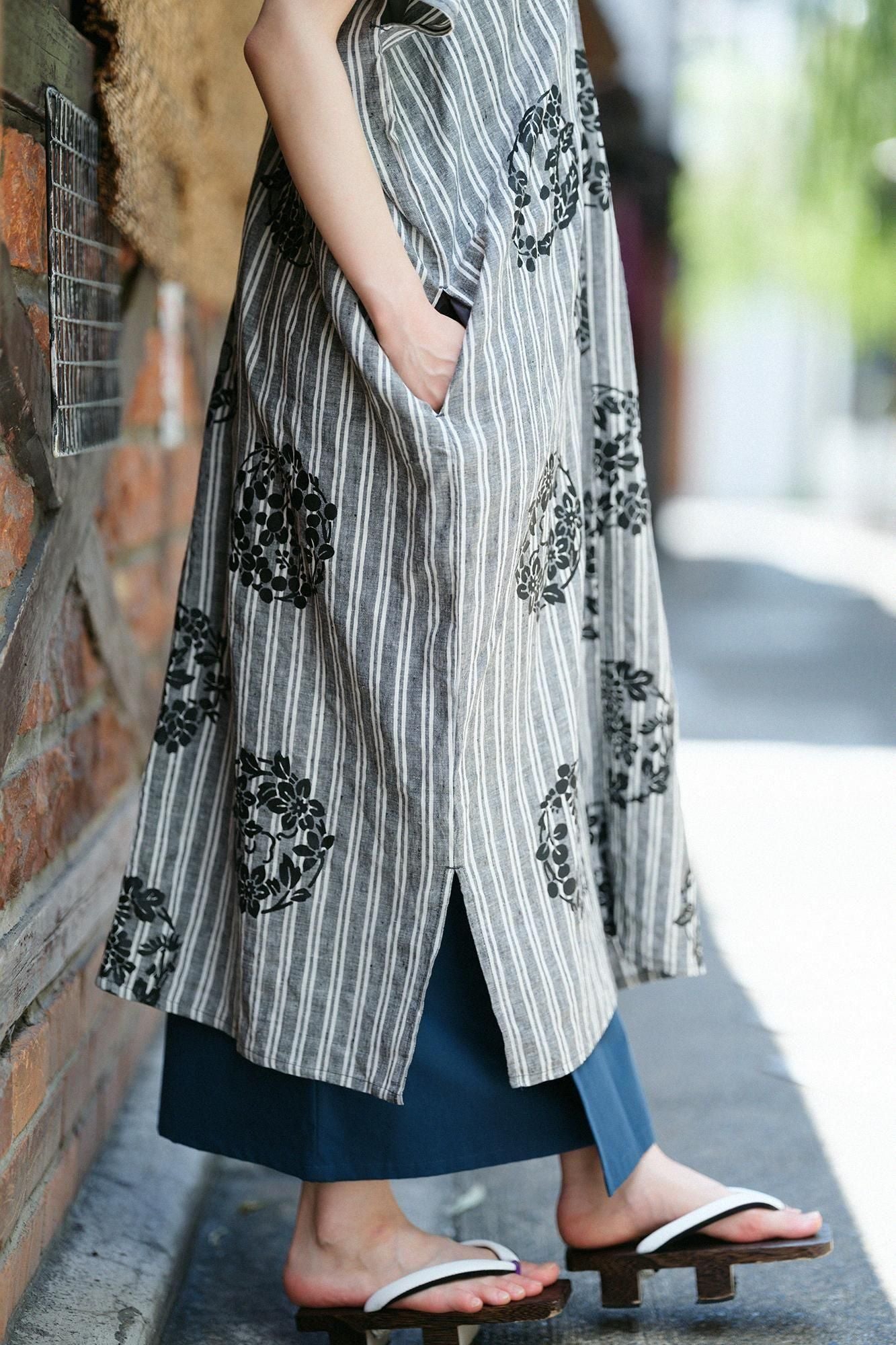 Linen Rectangular Dress Split Joint / Harumaru Pattern Scattered and Blank