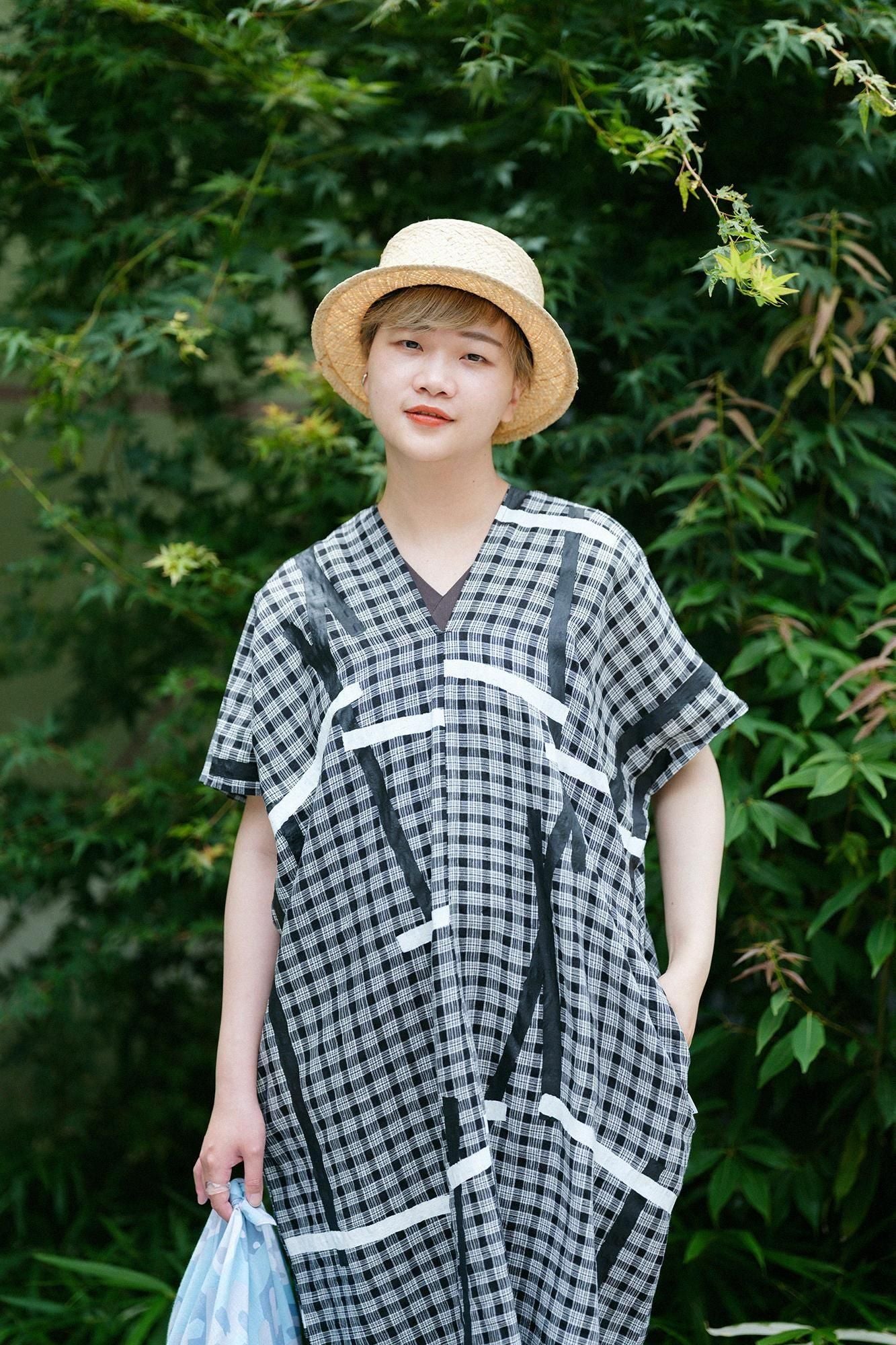 拼接麻 長方形洋裝) /鳶