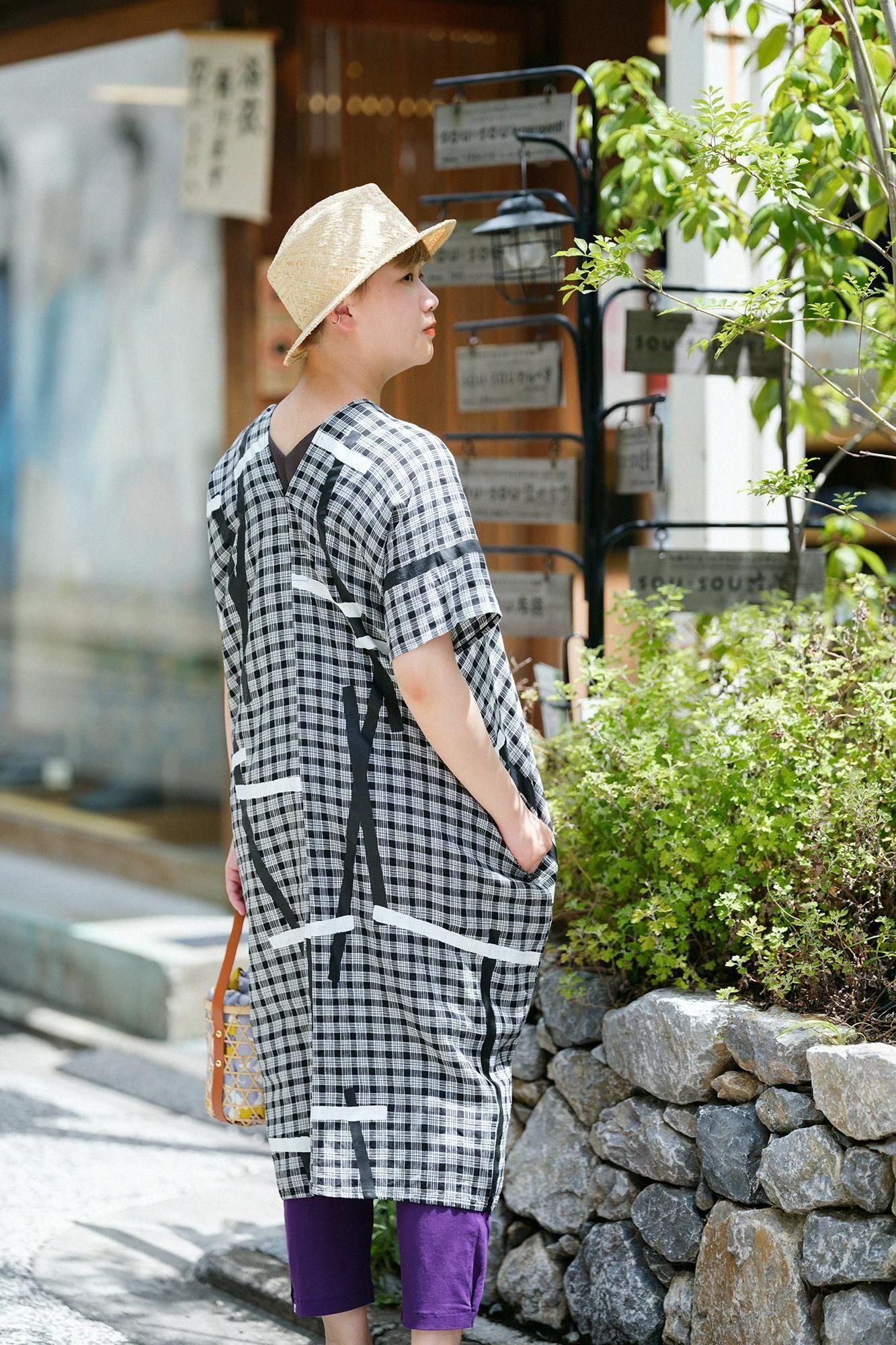 拼接麻 長方形洋裝) /鳶