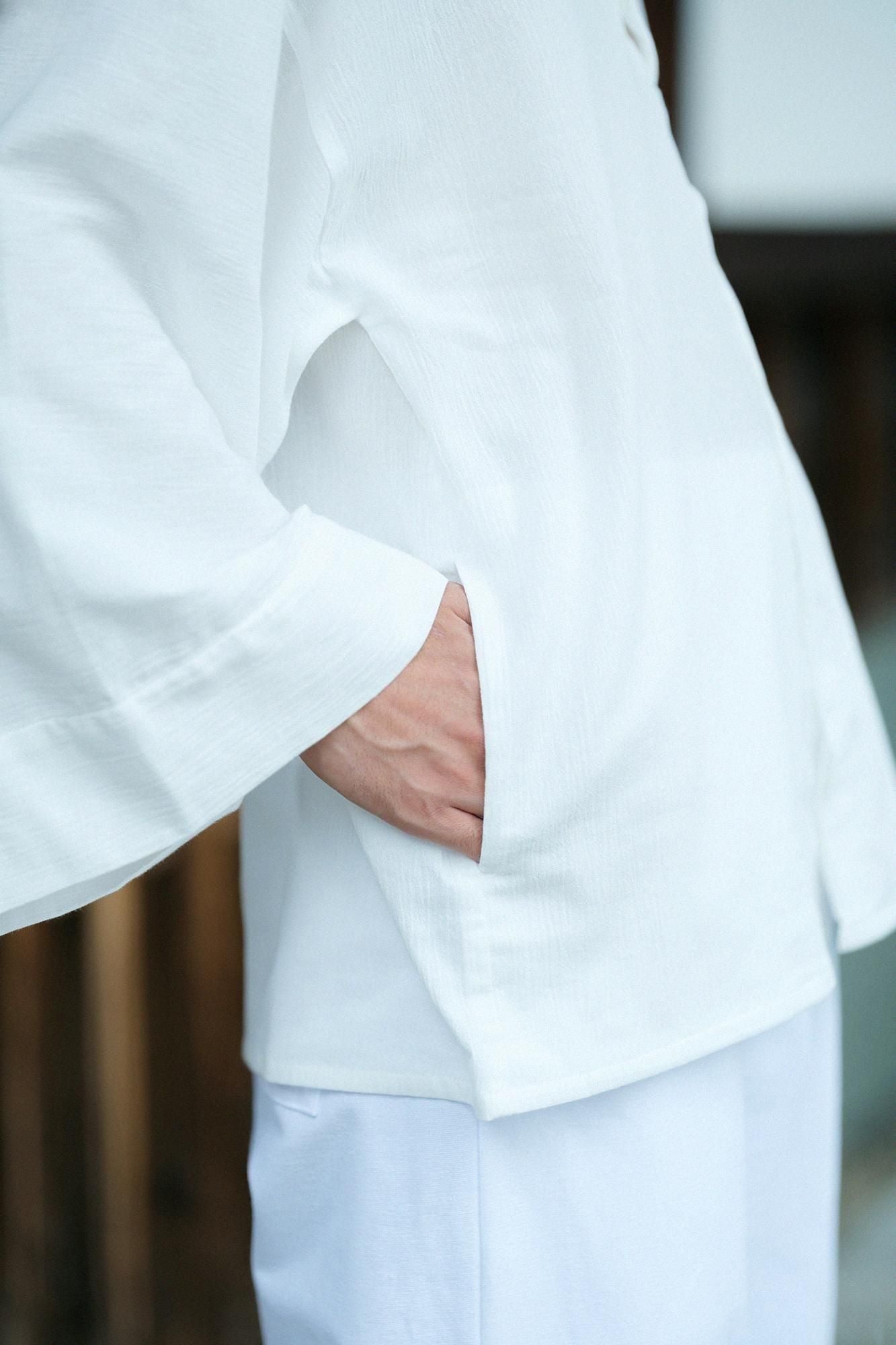 高島縮棉 20/20寬袖襯衣/白色