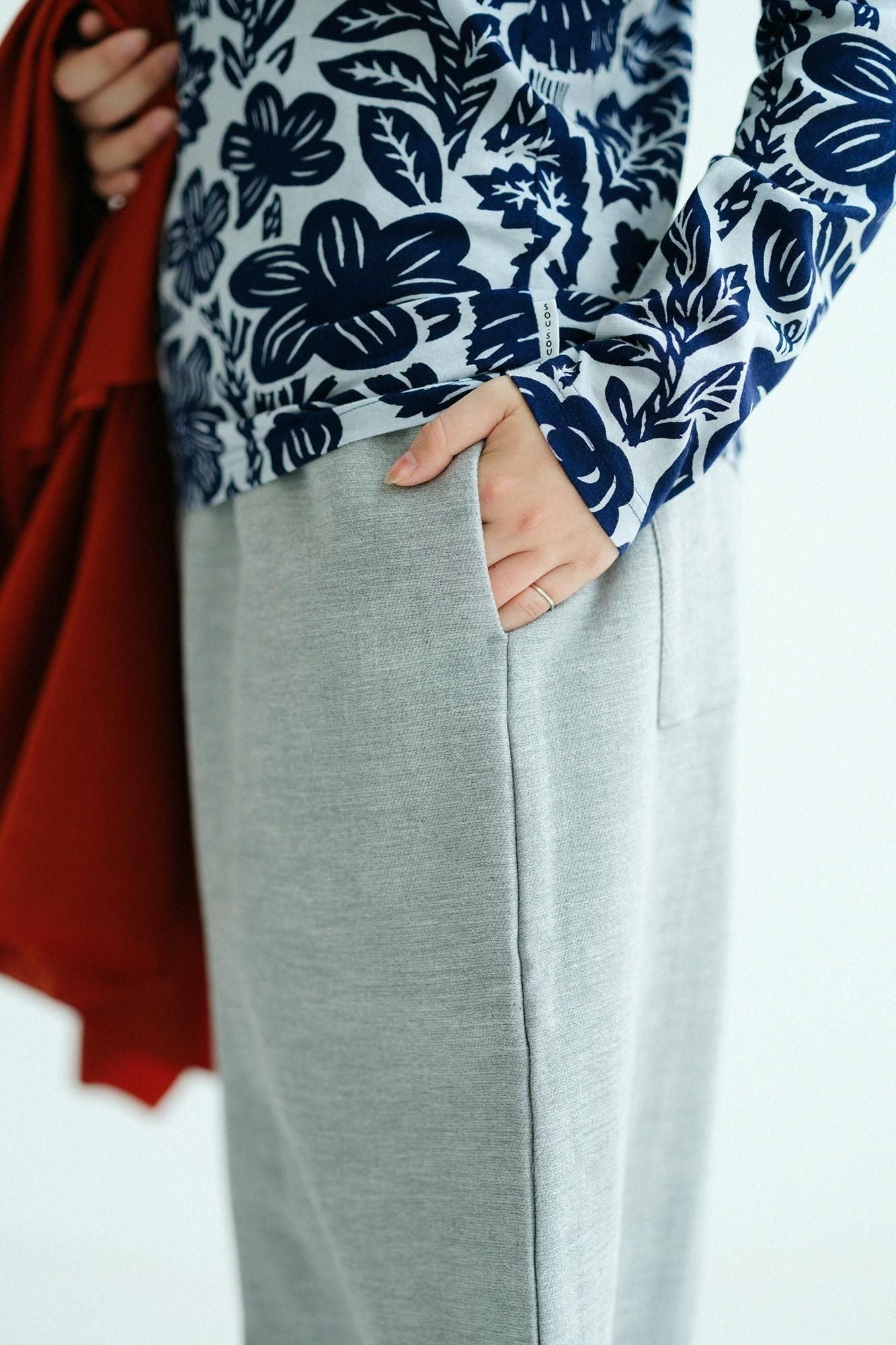 伸 斜紋織 闊腿褲 穩/銀灰色