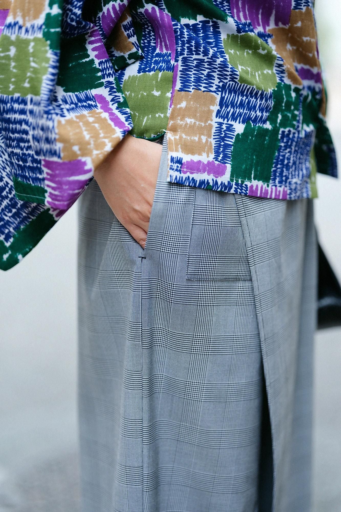 千鳥格紋織和服褲裝深灰色