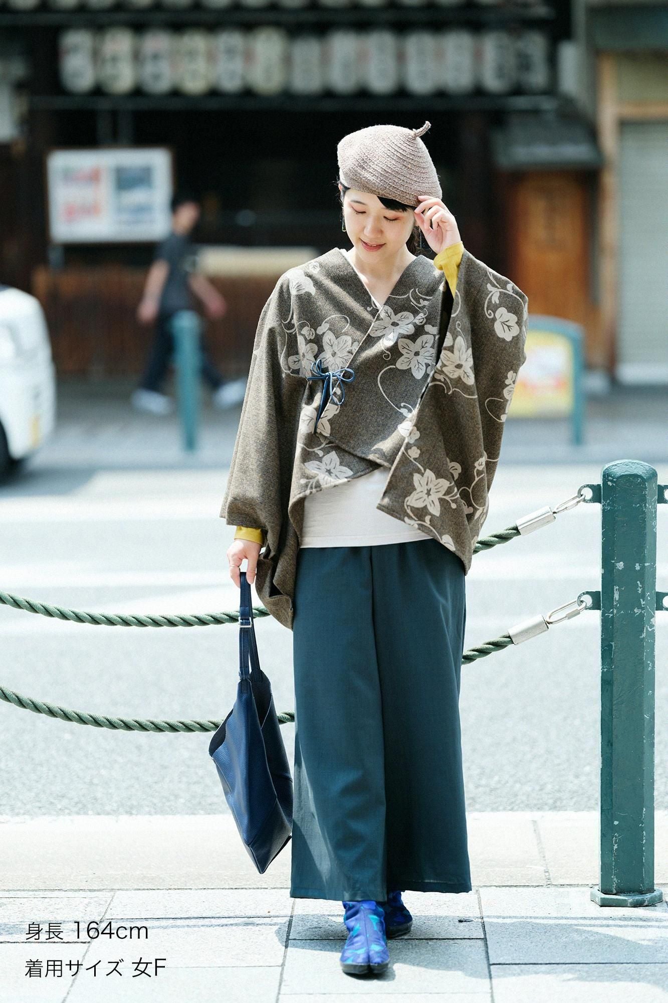 粗花呢千鳥格紋織如月披風斗篷 短版/優美和留白 朽葉色