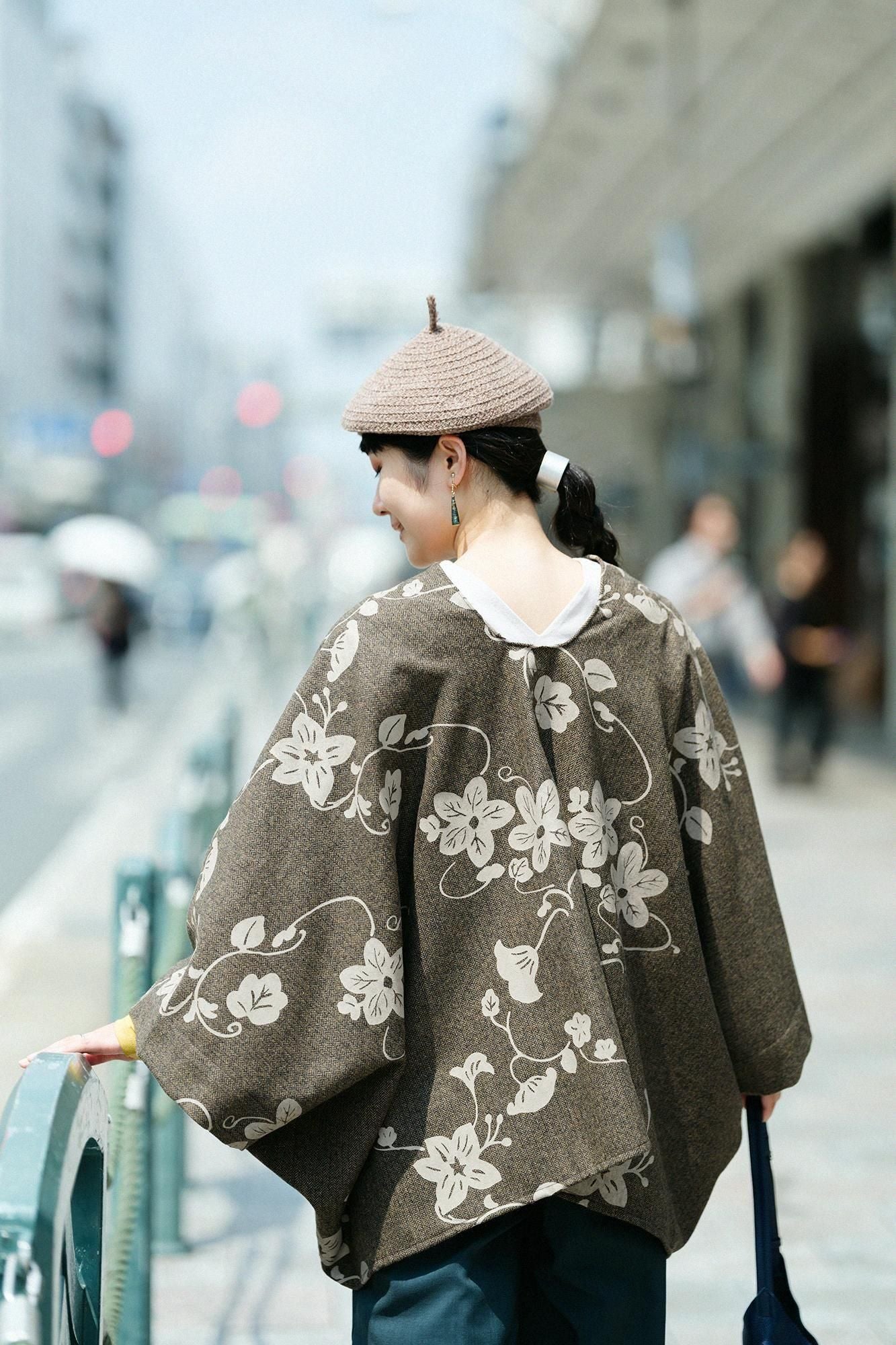 粗花呢千鳥格紋織如月披風斗篷 短版/優美和留白 朽葉色