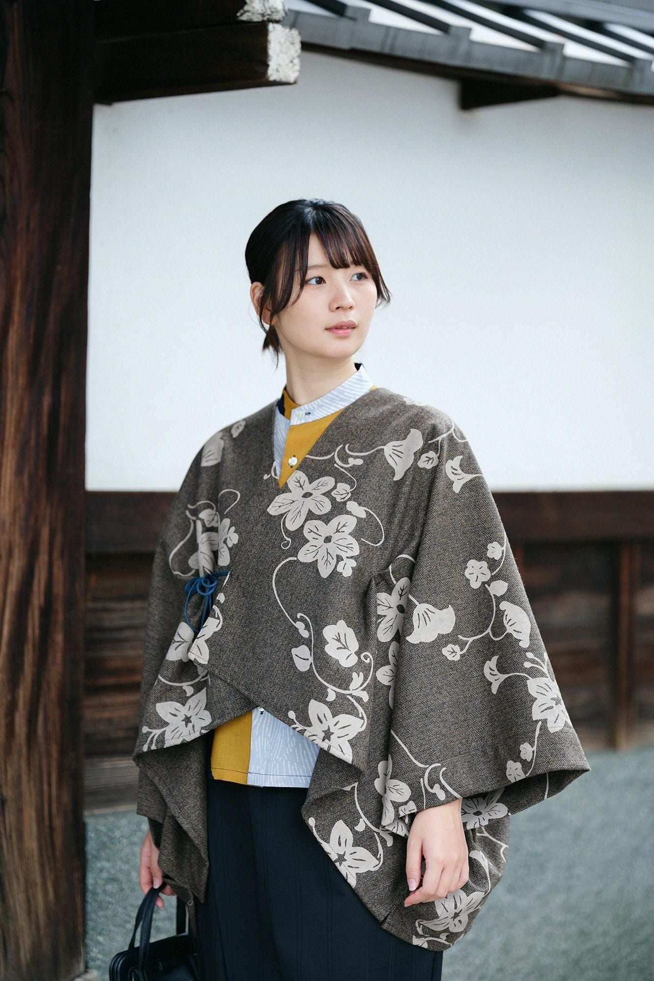 粗花呢千鳥格紋織如月披風斗篷 短版/優美和留白 朽葉色