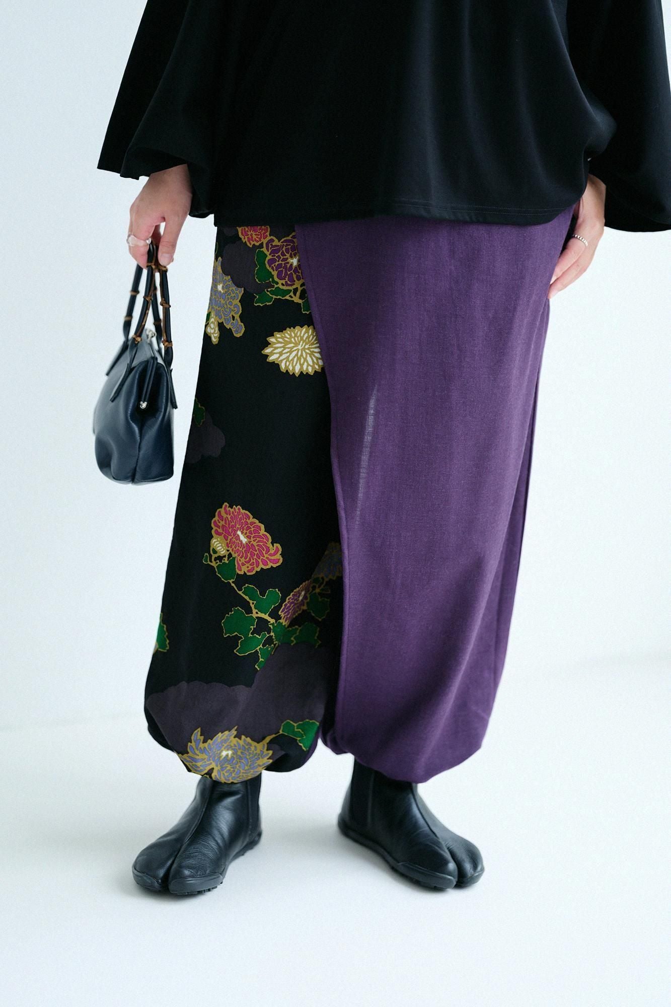 モスリン 手柄寛衣下(たかみかんいした) 片身替わり(かたみがわり) 2.0/濃紫(こきむらさき)×雲取り(くもどり)に菊