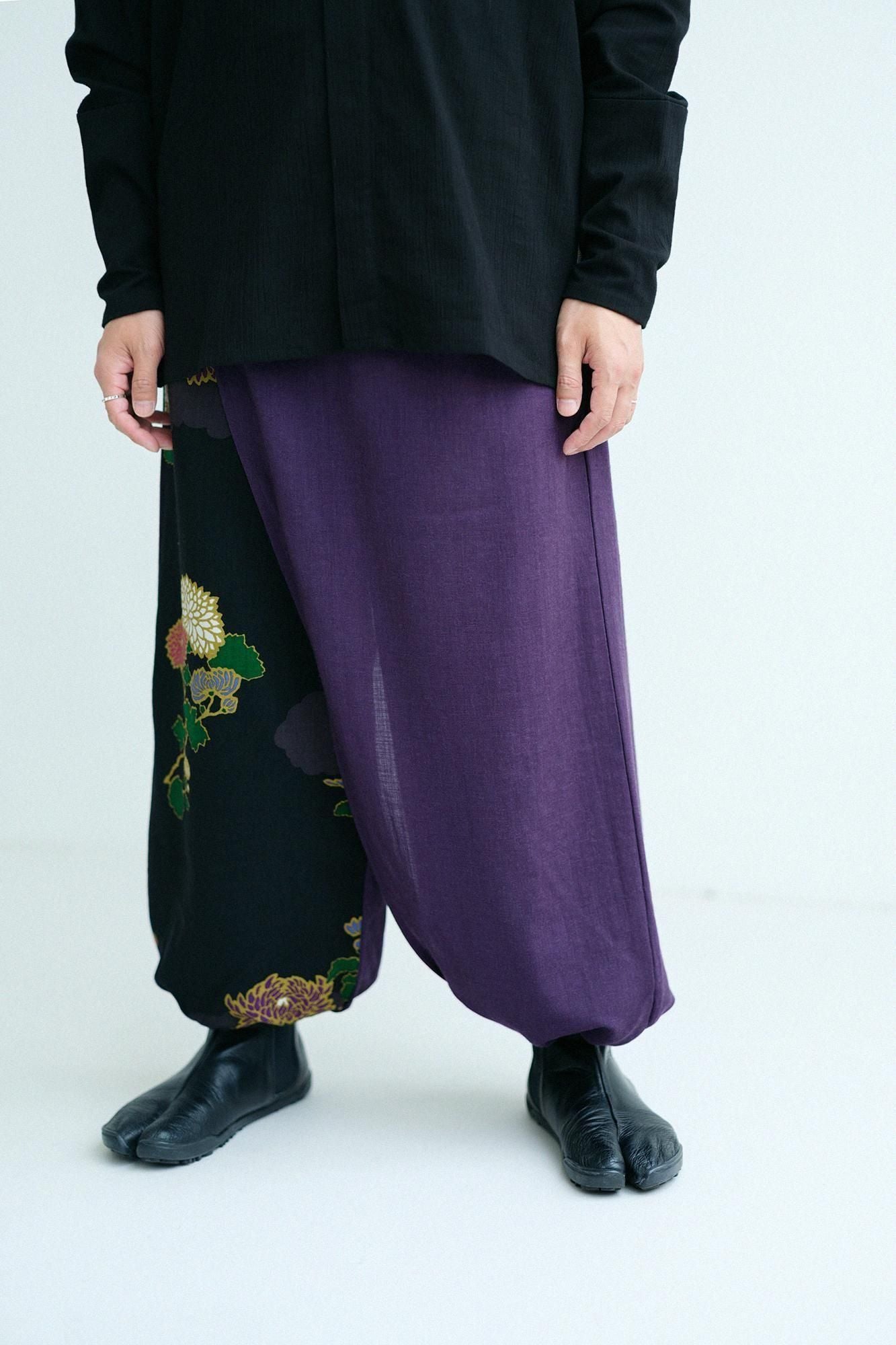 モスリン 手柄寛衣下(たかみかんいした) 片身替わり(かたみがわり) 2.0/濃紫(こきむらさき)×雲取り(くもどり)に菊