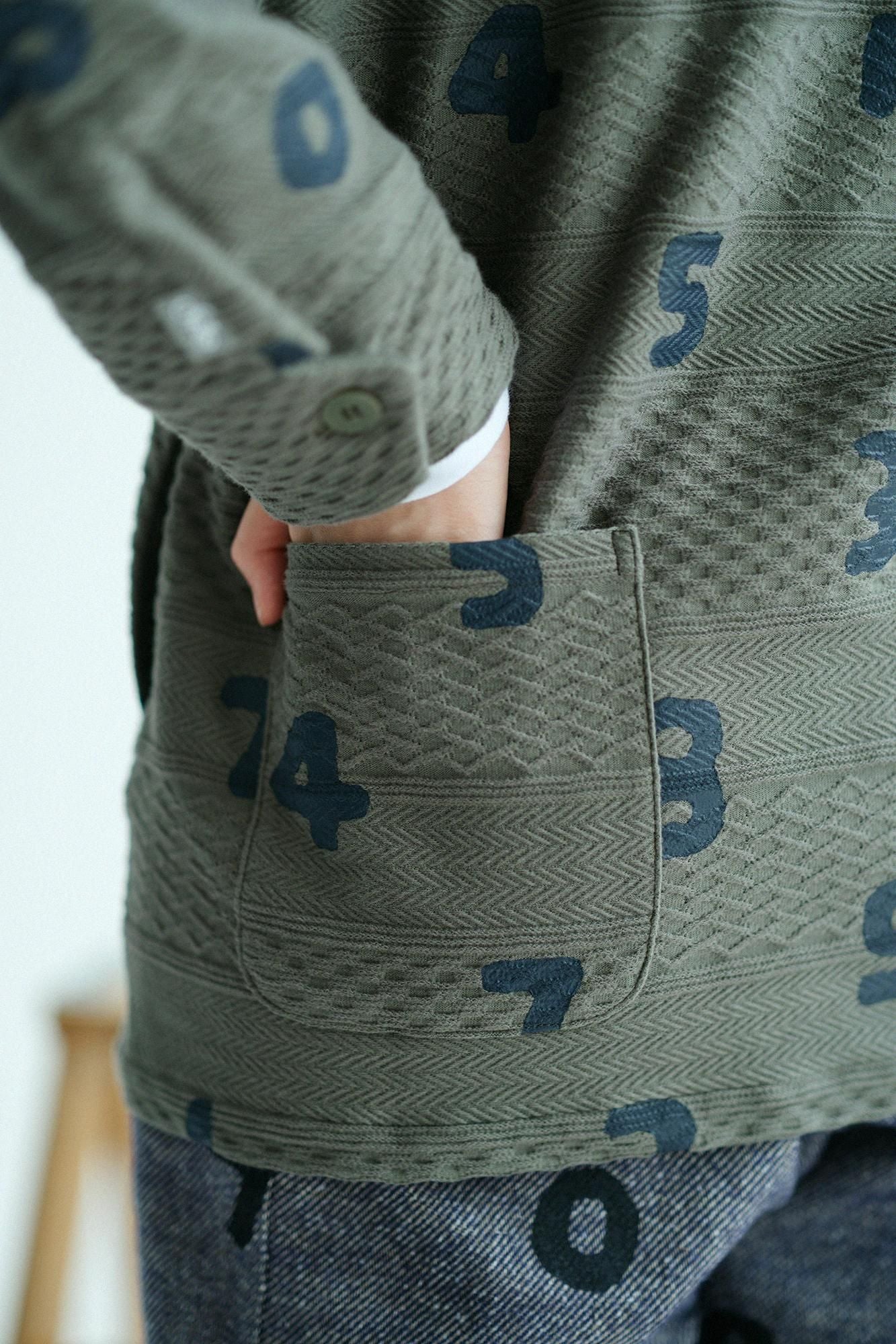 Jacquard Knit Collarless V-neck BIKE Jacket / SO-SU-U Greyish Matcha Color
