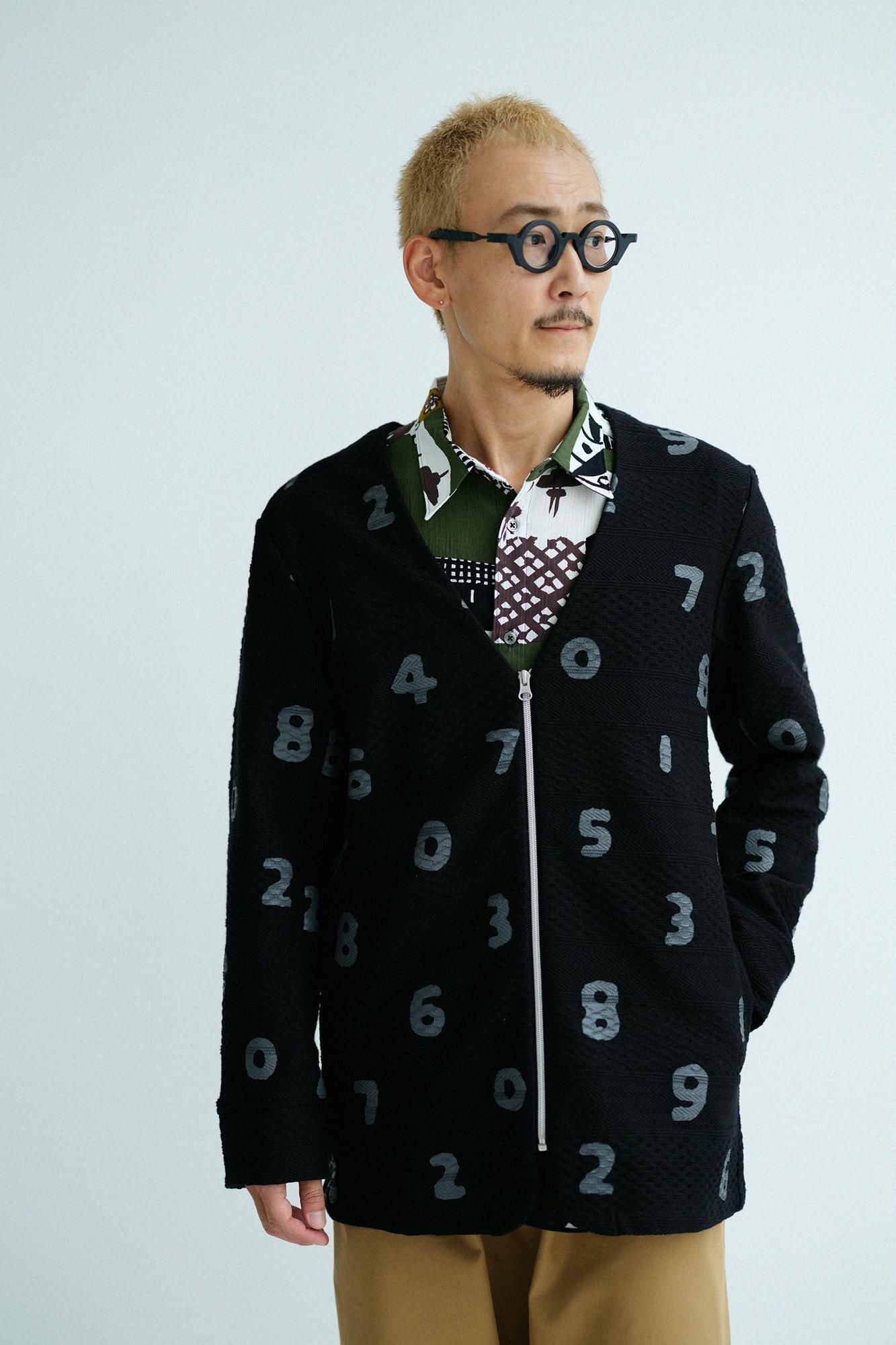 Jacquard Knit Collarless V-neck BIKE Jacket / SO-SU-U Black