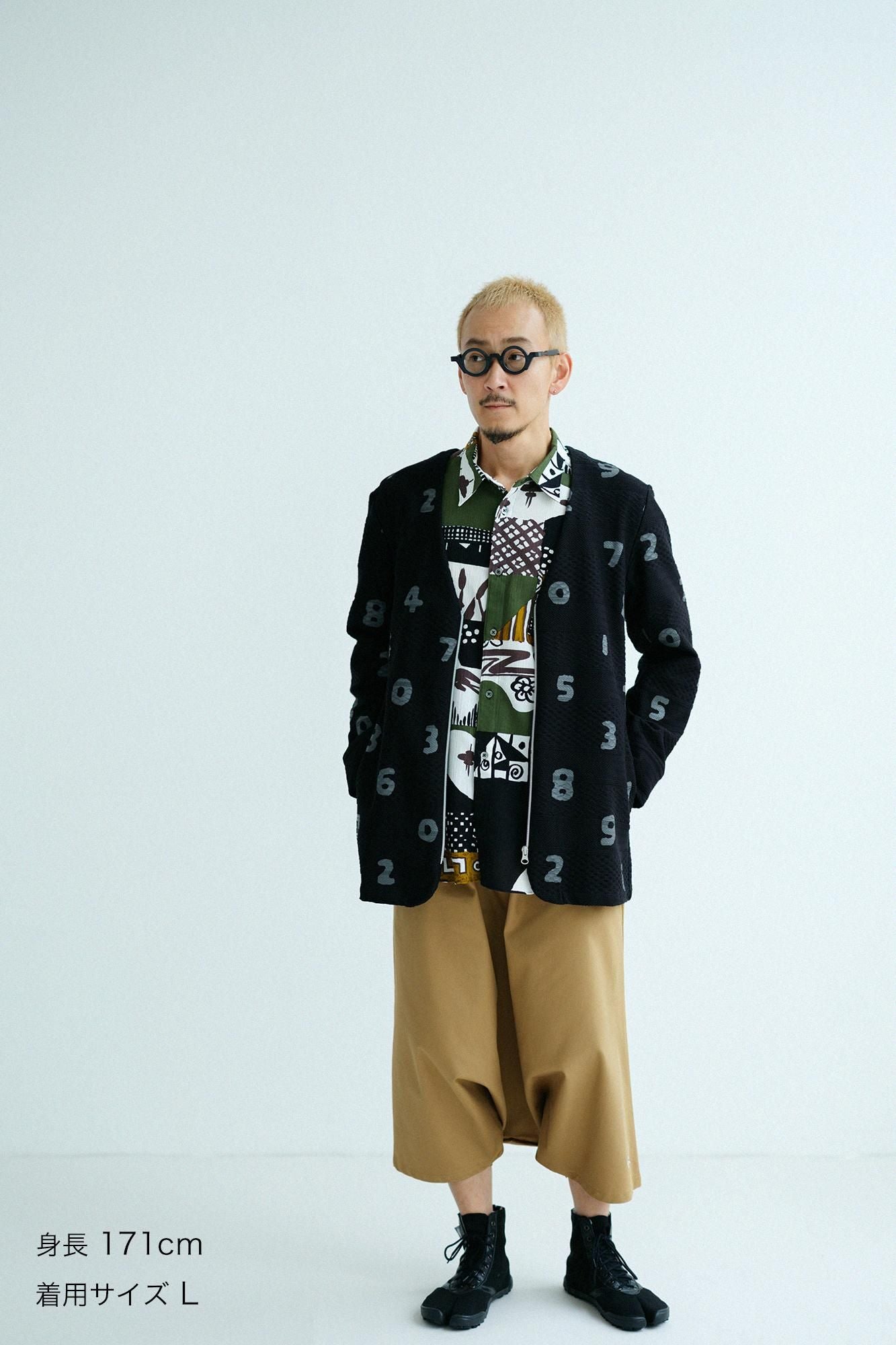 Jacquard Knit Collarless V-neck BIKE Jacket / SO-SU-U Black