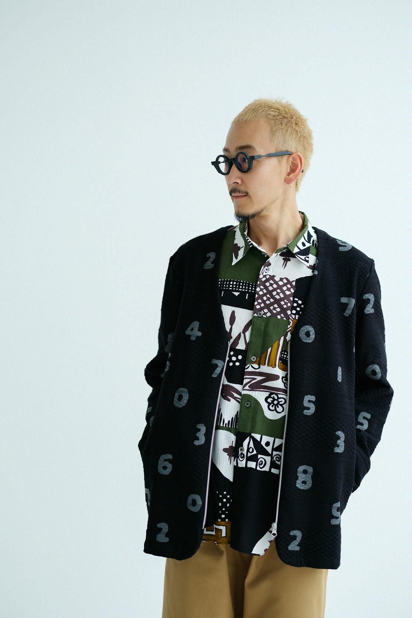 Jacquard Knit Collarless V-neck BIKE Jacket / SO-SU-U Black