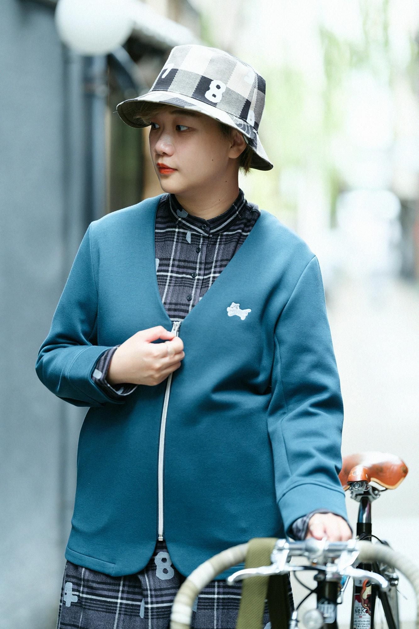 Cardboard Knit Collarless V-neck BIKE Jacket / Bottle Green