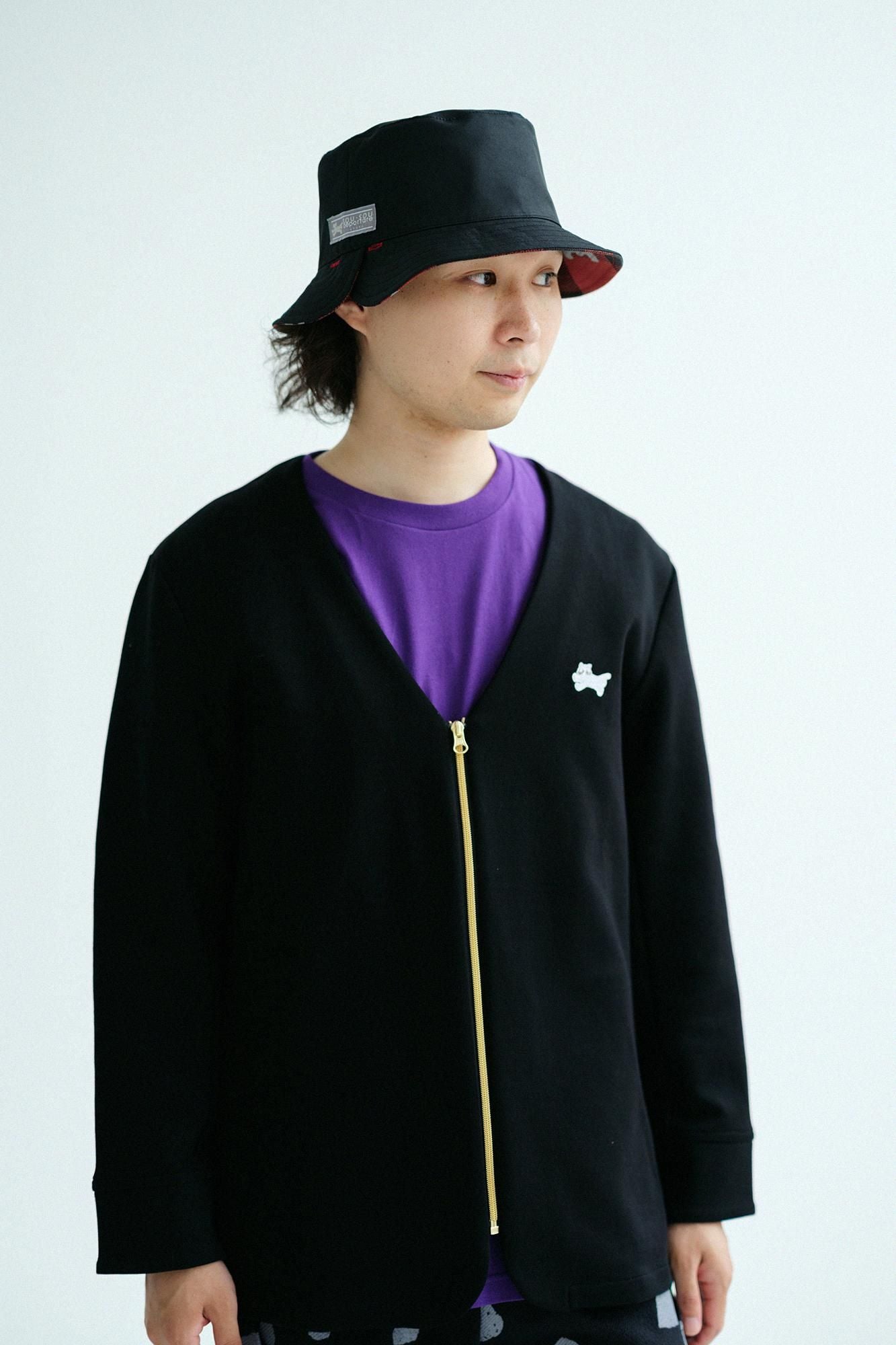 Cardboard Knit Collarless V-neck BIKE Jacket / Black