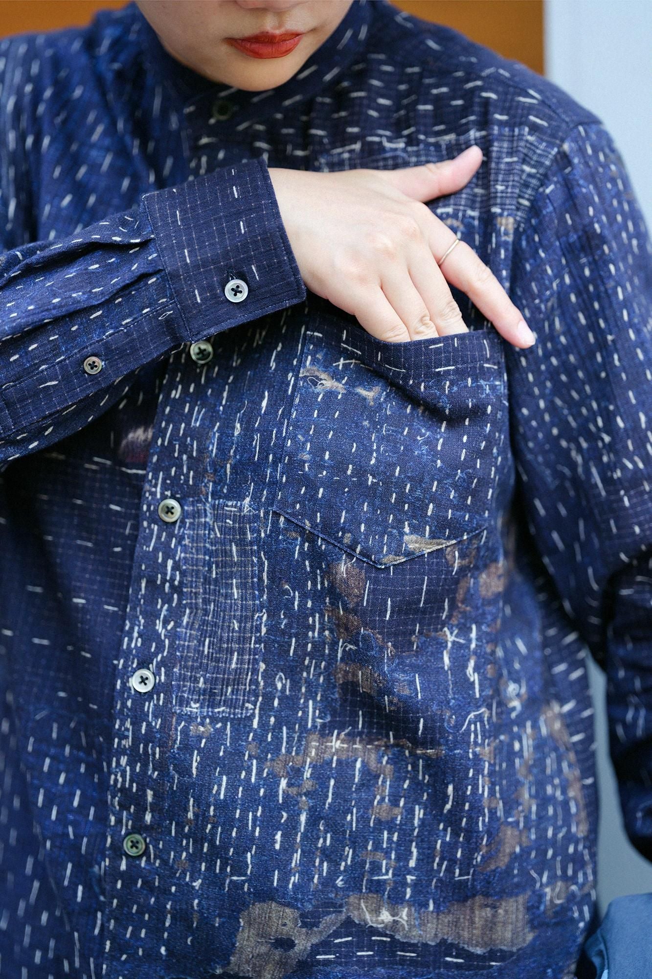 高島縮 20/20 スタンドカラーシャツ/BORO III IJ