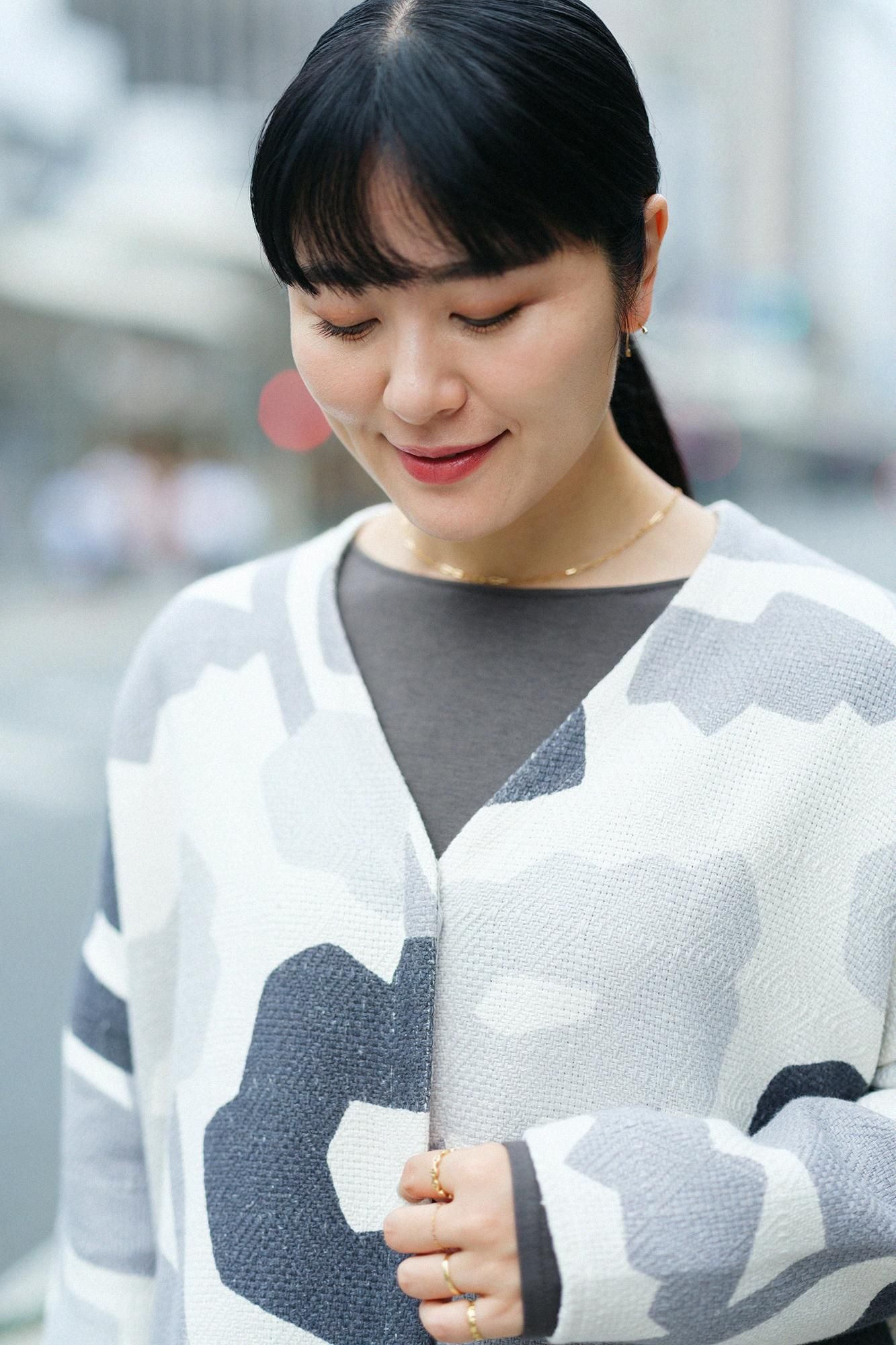 棉麻紡 菱紋樣(菱形用)灯長版上衣大衣/笑容