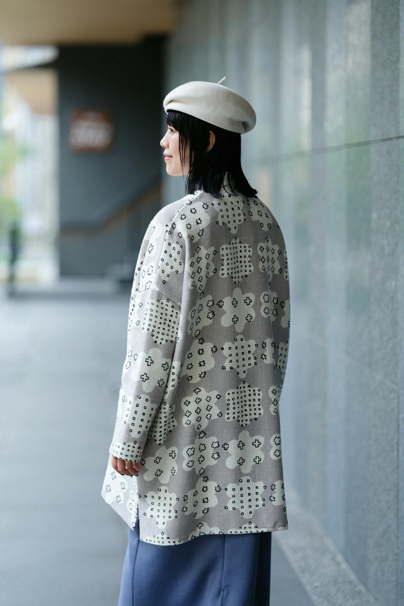 Manteau tunique léger en coton et lin à motif diamant/grêle de fleurs