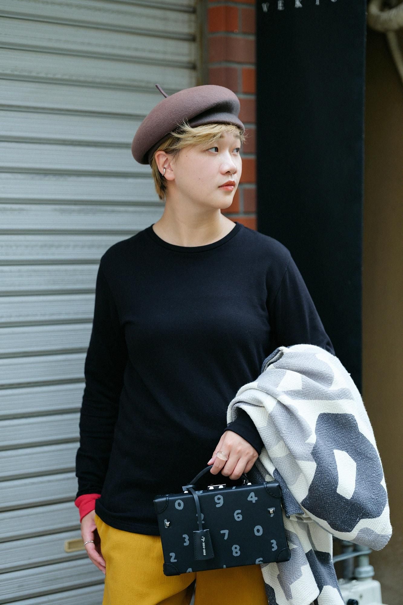 40双 ミニ裏毛 バイカラー長袖Tシャツ/ブラック