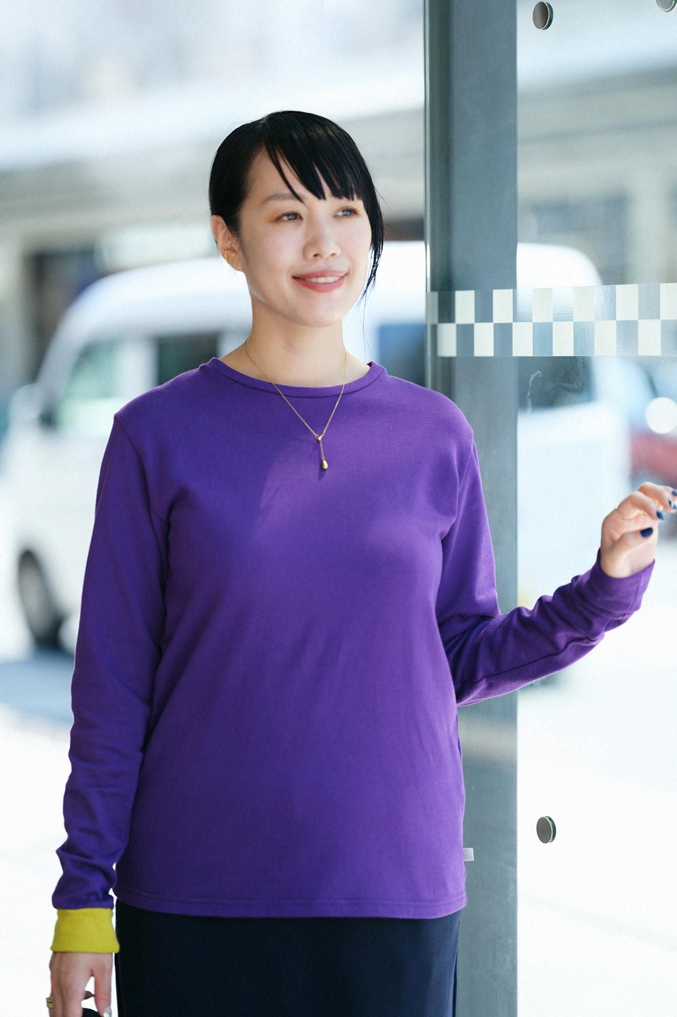 40双 ミニ裏毛 バイカラー長袖Tシャツ/パープル