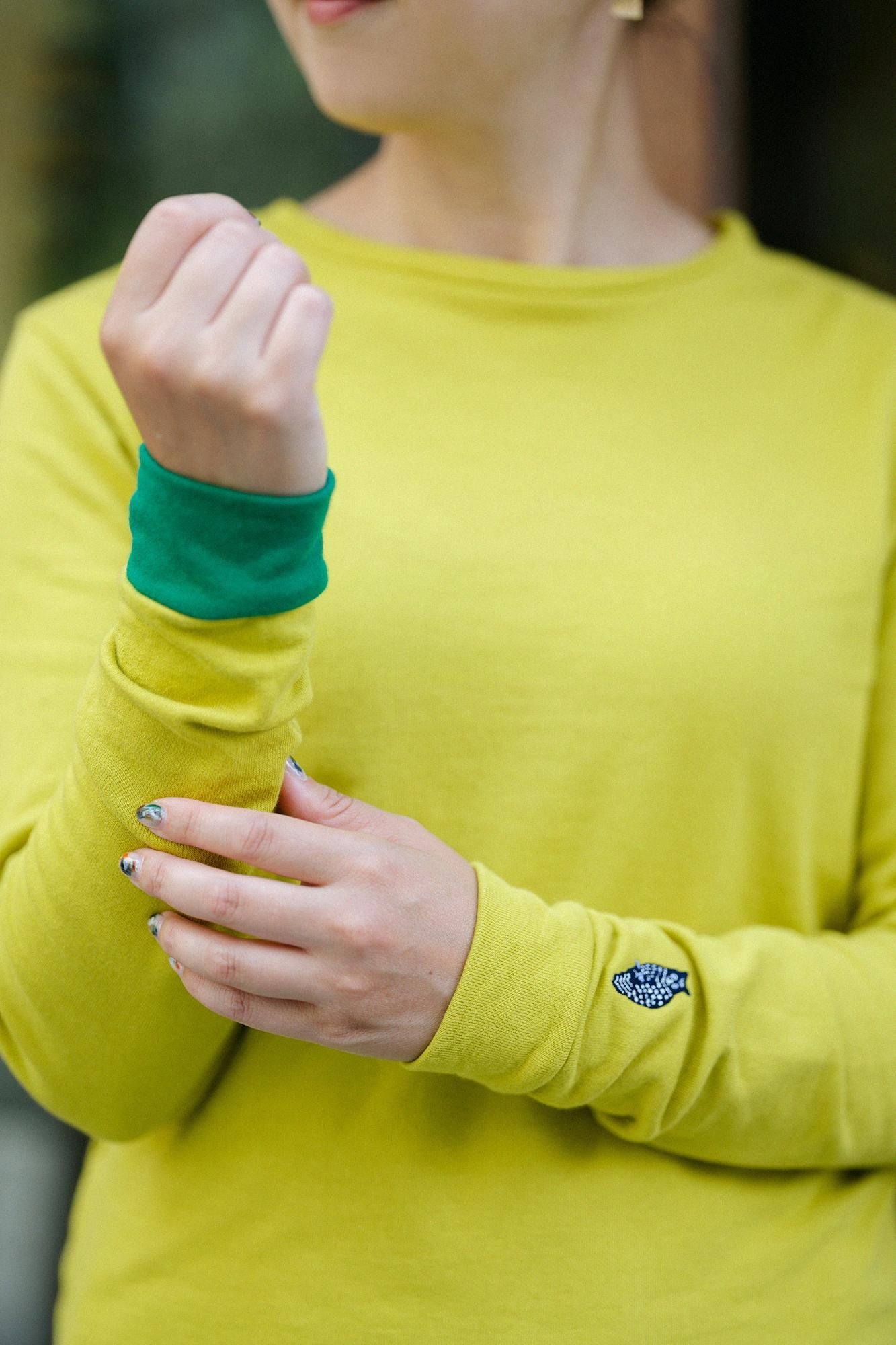 40双 ミニ裏毛 バイカラー長袖Tシャツ/イエロー