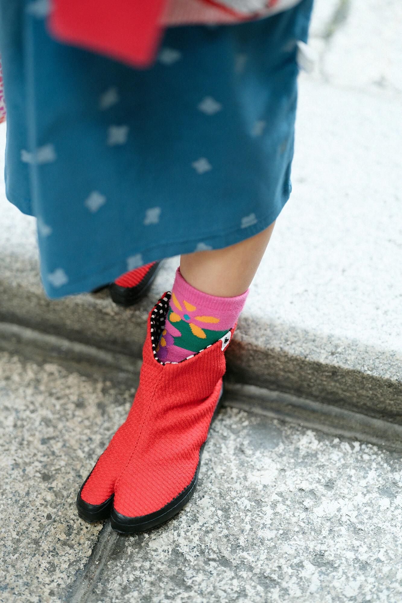 ●兒童分趾足袋鞋/刺子繡 紅色2