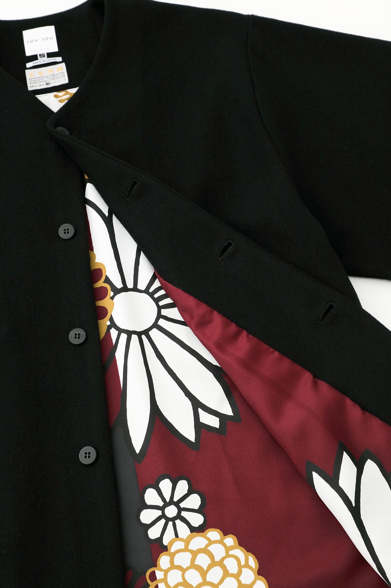 Wool Melton Naginata Sleeve Haori Long with Lining / Black×Gold Damask