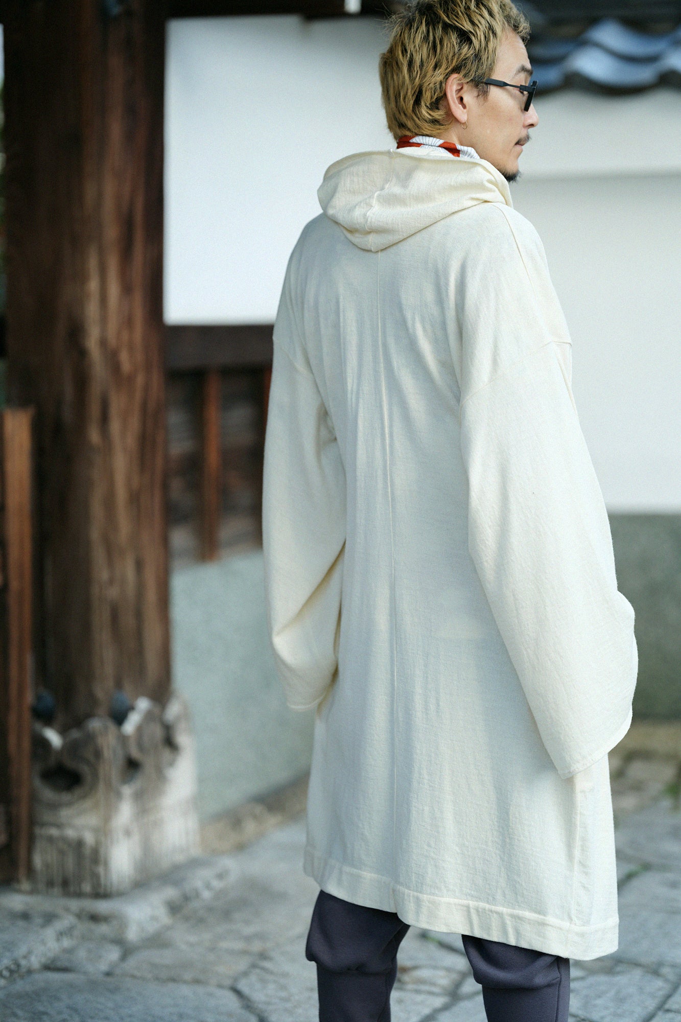 梳毛針織 頭巾羽織 單層/鳥白色