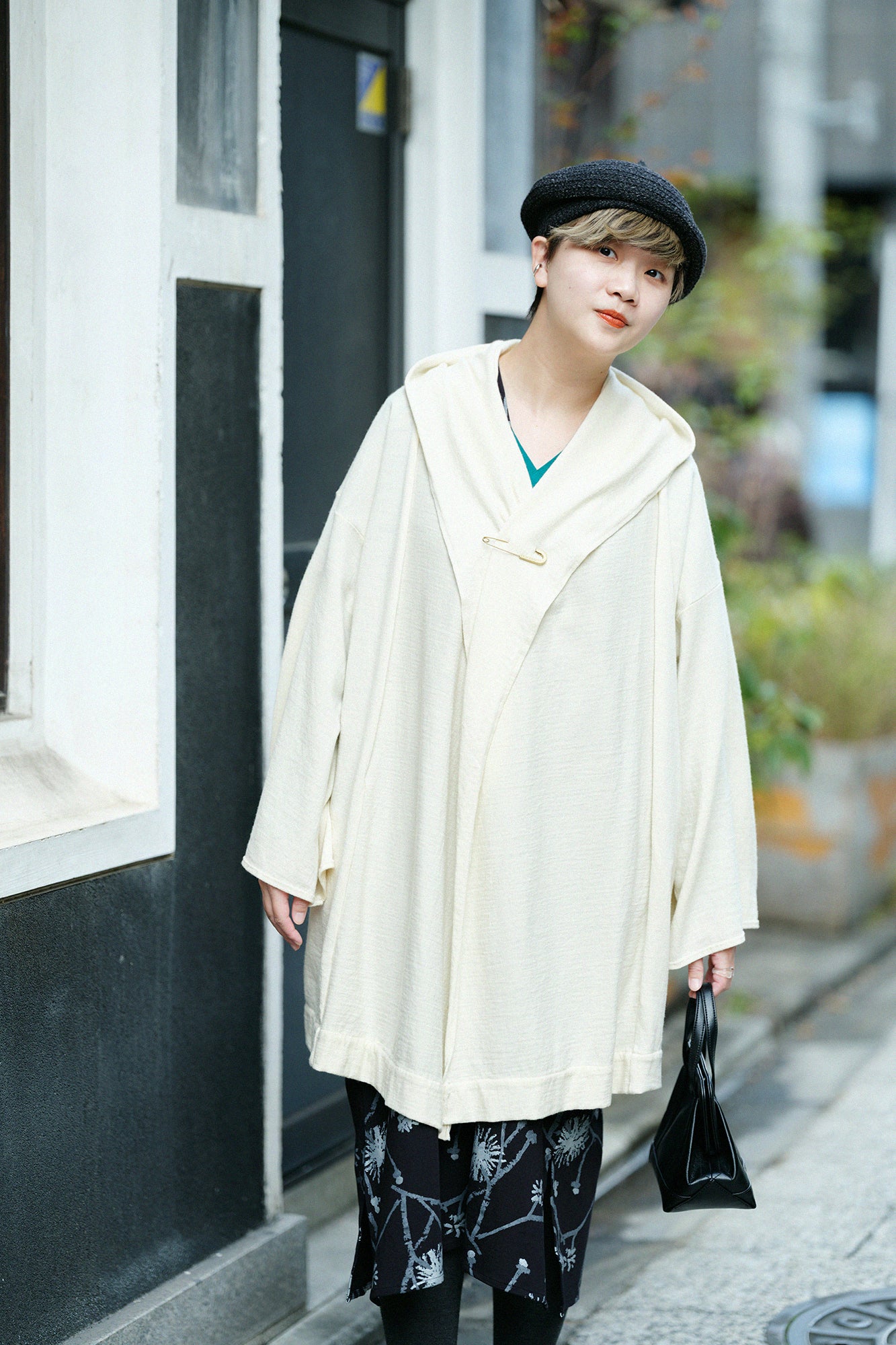 梳毛針織 頭巾羽織 單層/鳥白色