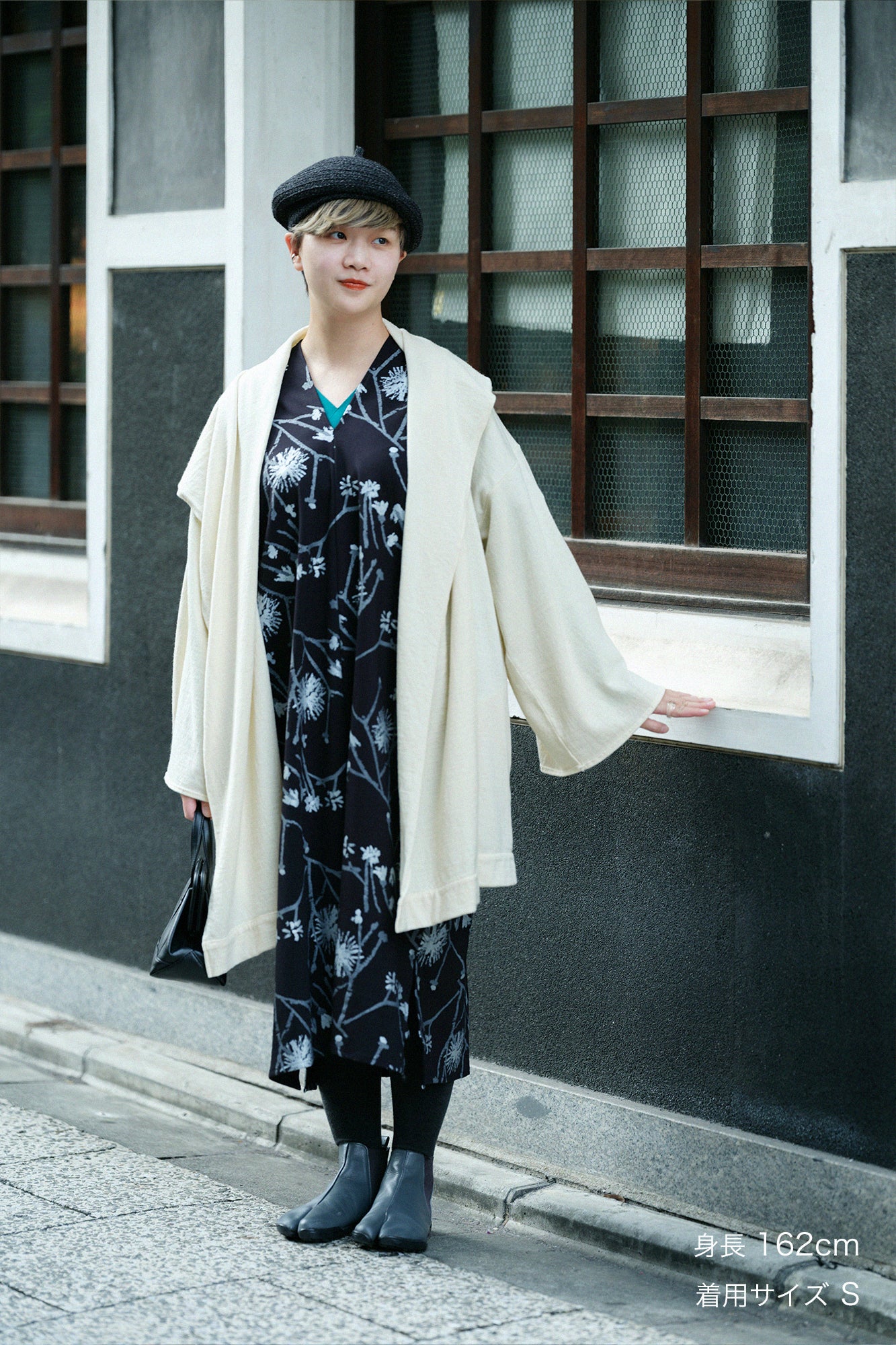 梳毛針織 頭巾羽織 單層/鳥白色