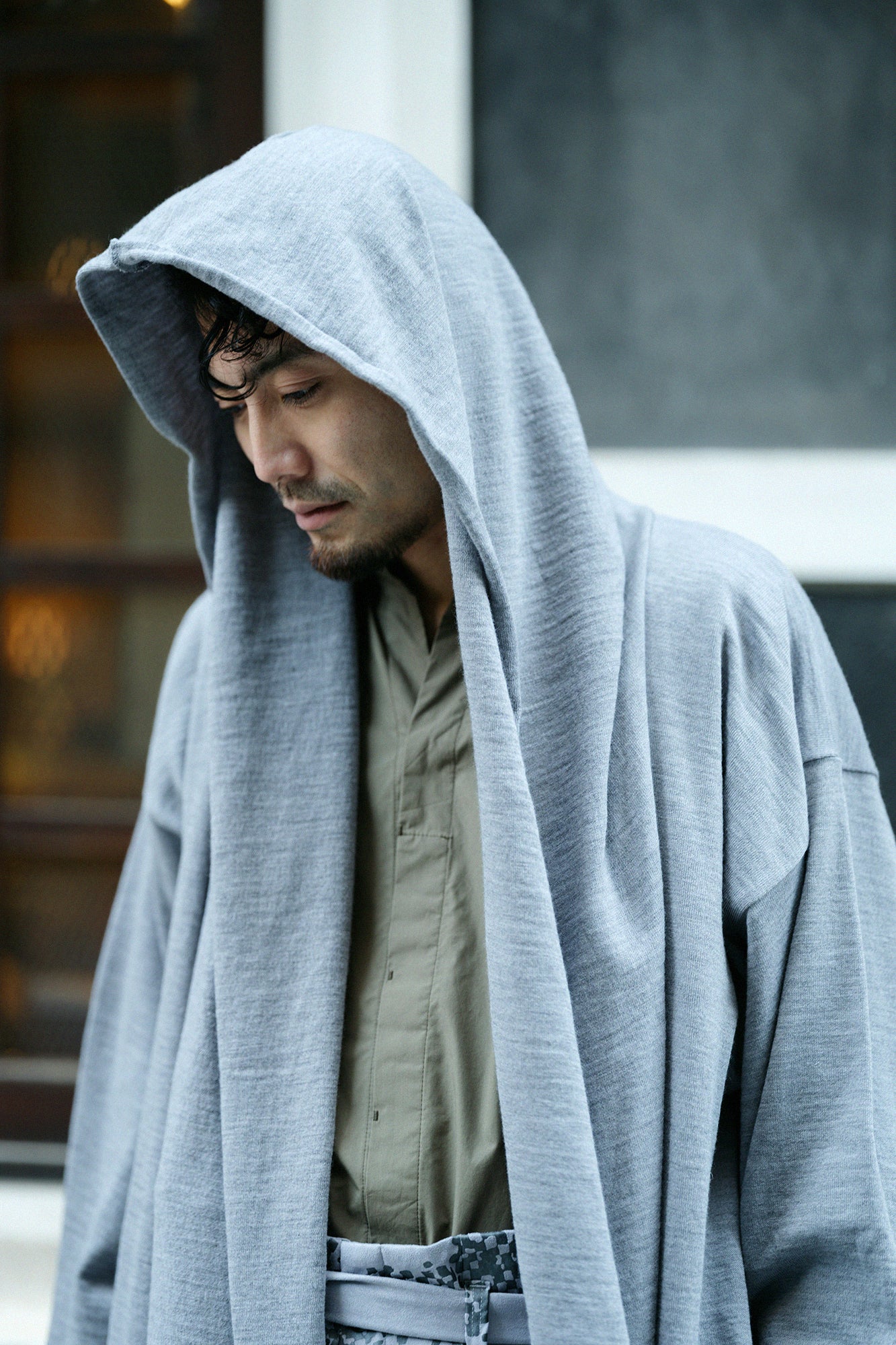 梳毛針織 頭巾羽織 單層/灰色