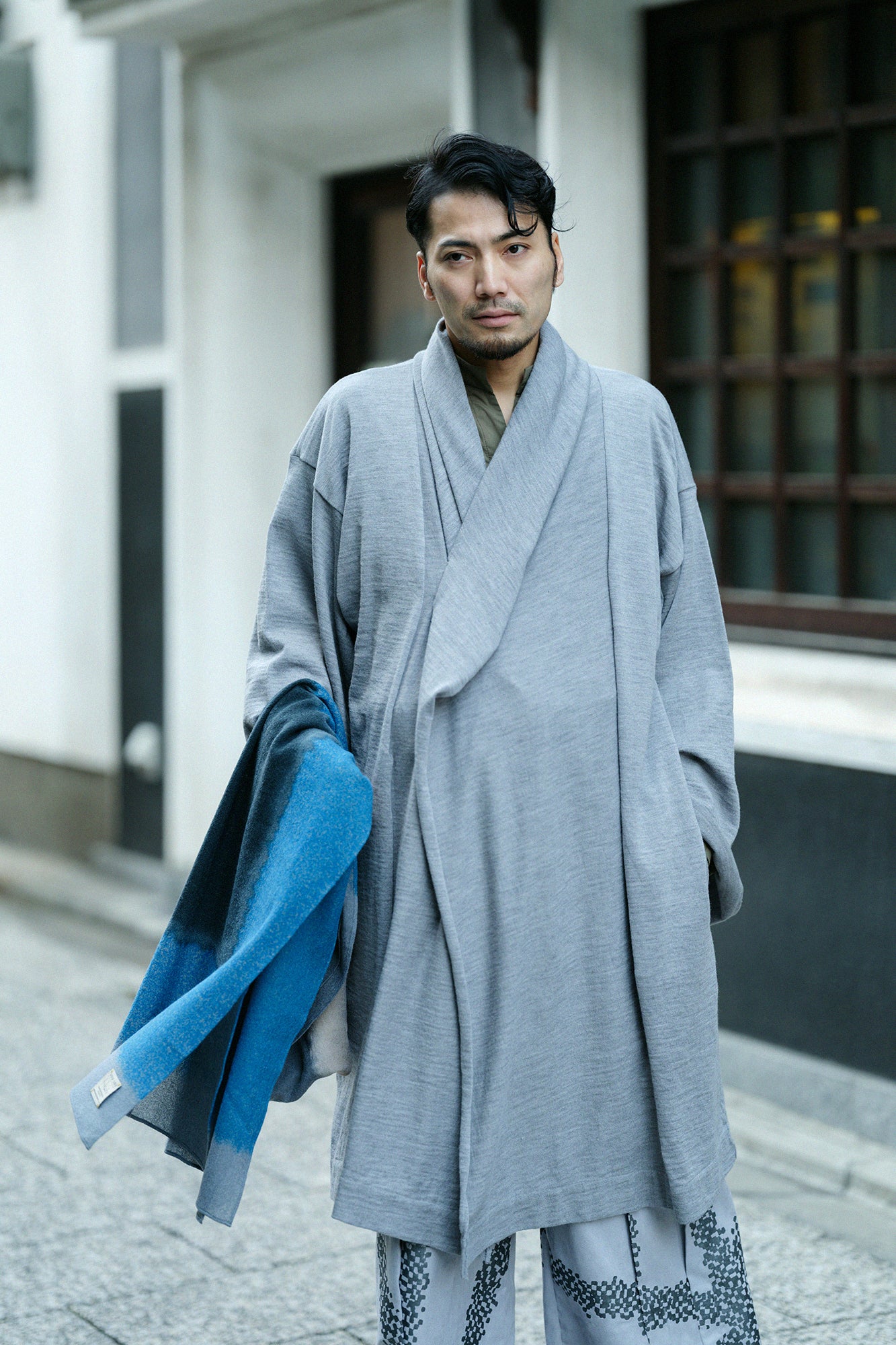 梳毛針織 頭巾羽織 單層/灰色