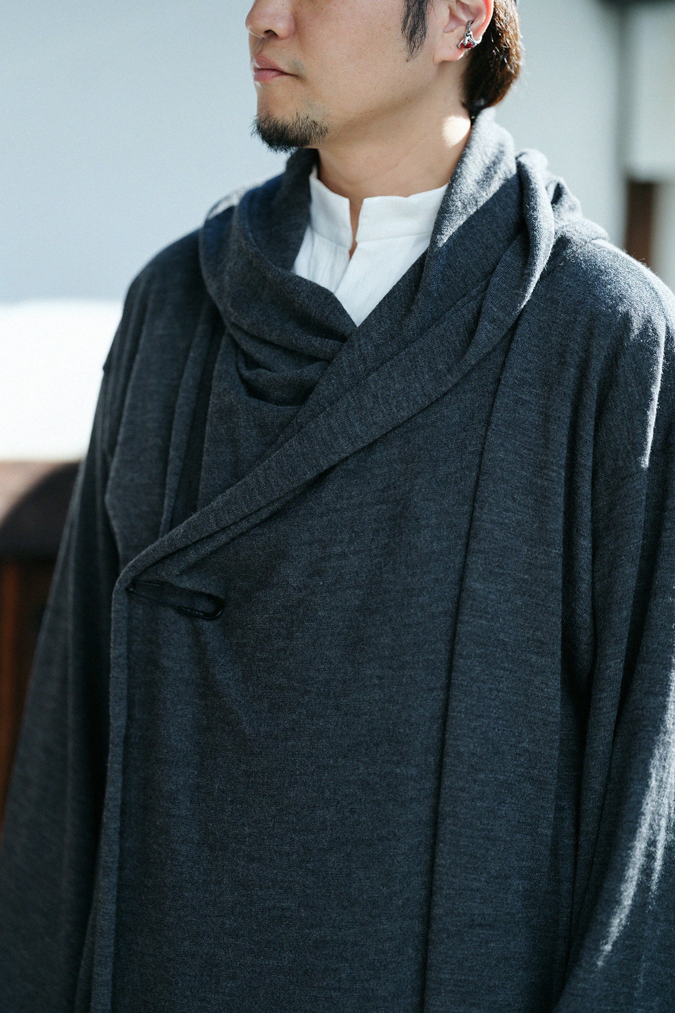 梳毛針織 頭巾羽織 單層/灰炭色