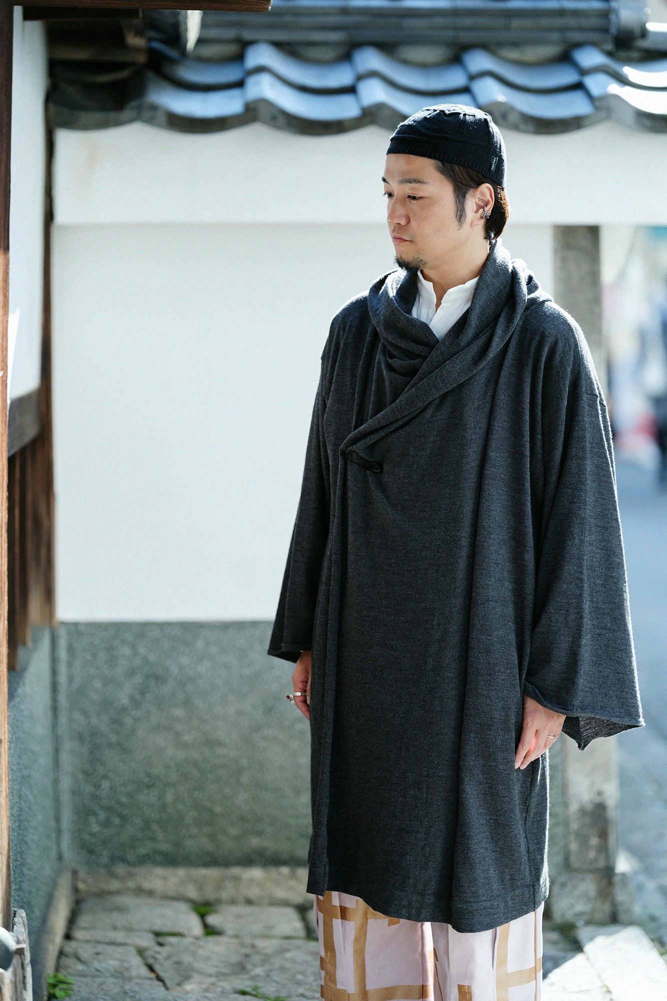 梳毛針織 頭巾羽織 單層/灰炭色