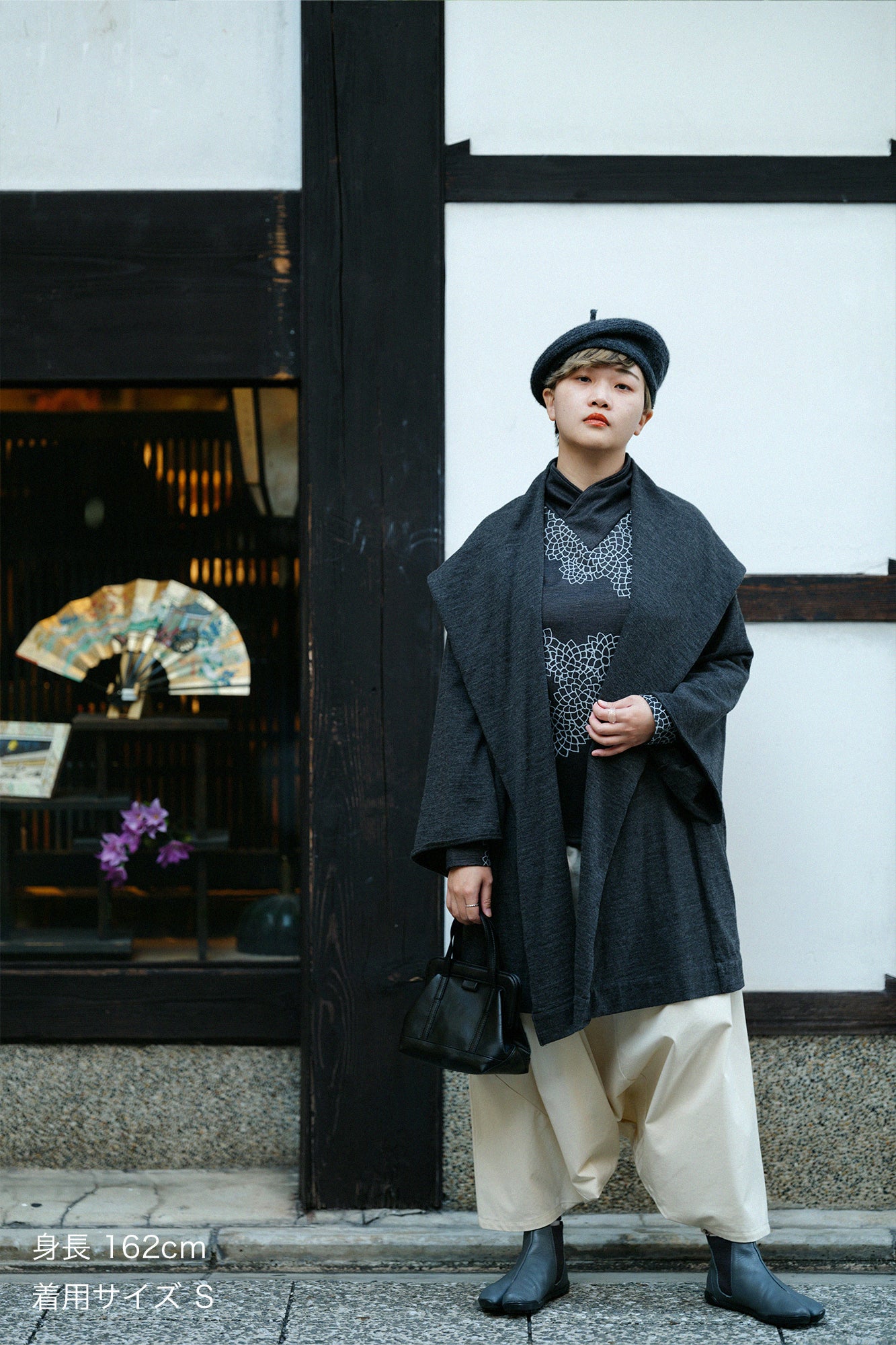 梳毛針織 頭巾羽織 單層/灰炭色