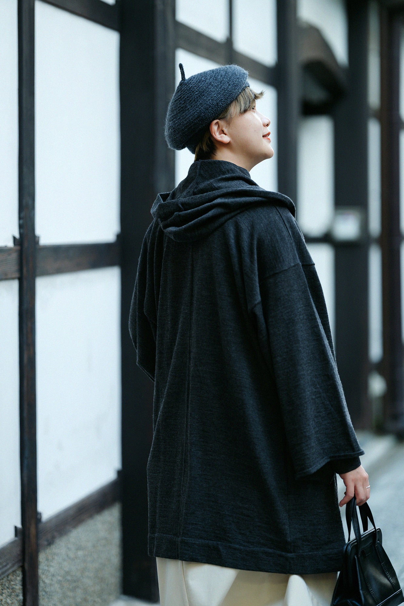 梳毛針織 頭巾羽織 單層/灰炭色