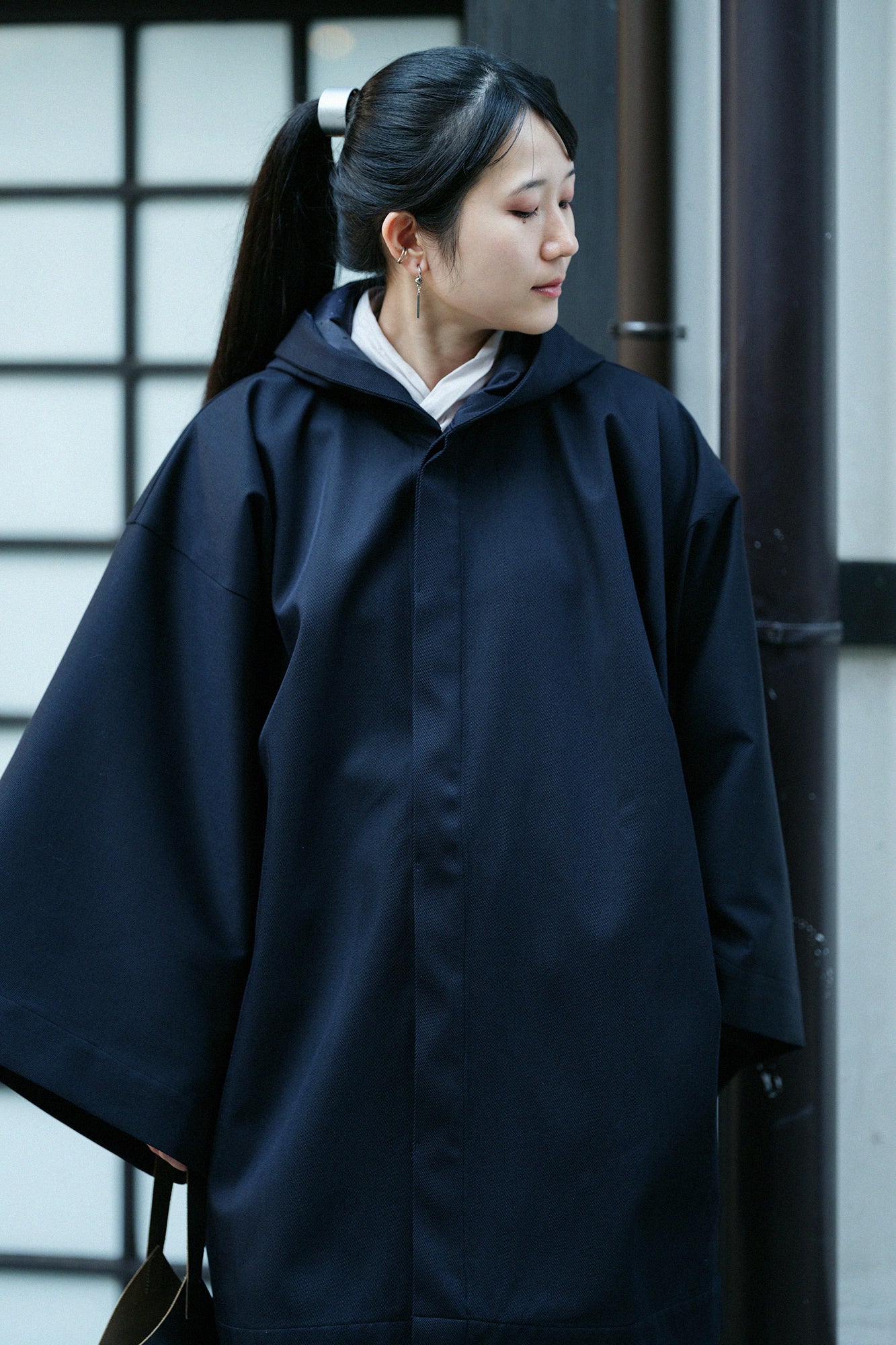遮風(しゃふう) 舶来織(はくらいおり) 角袖頭巾外套(かくそでずきんがいとう) 袷(あわせ)/深紺(しんこん)