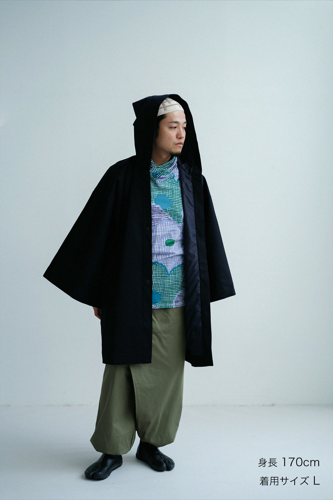 遮風(しゃふう) 舶来織(はくらいおり) 角袖頭巾外套(かくそでずきんがいとう) 袷(あわせ)/深紺(しんこん)