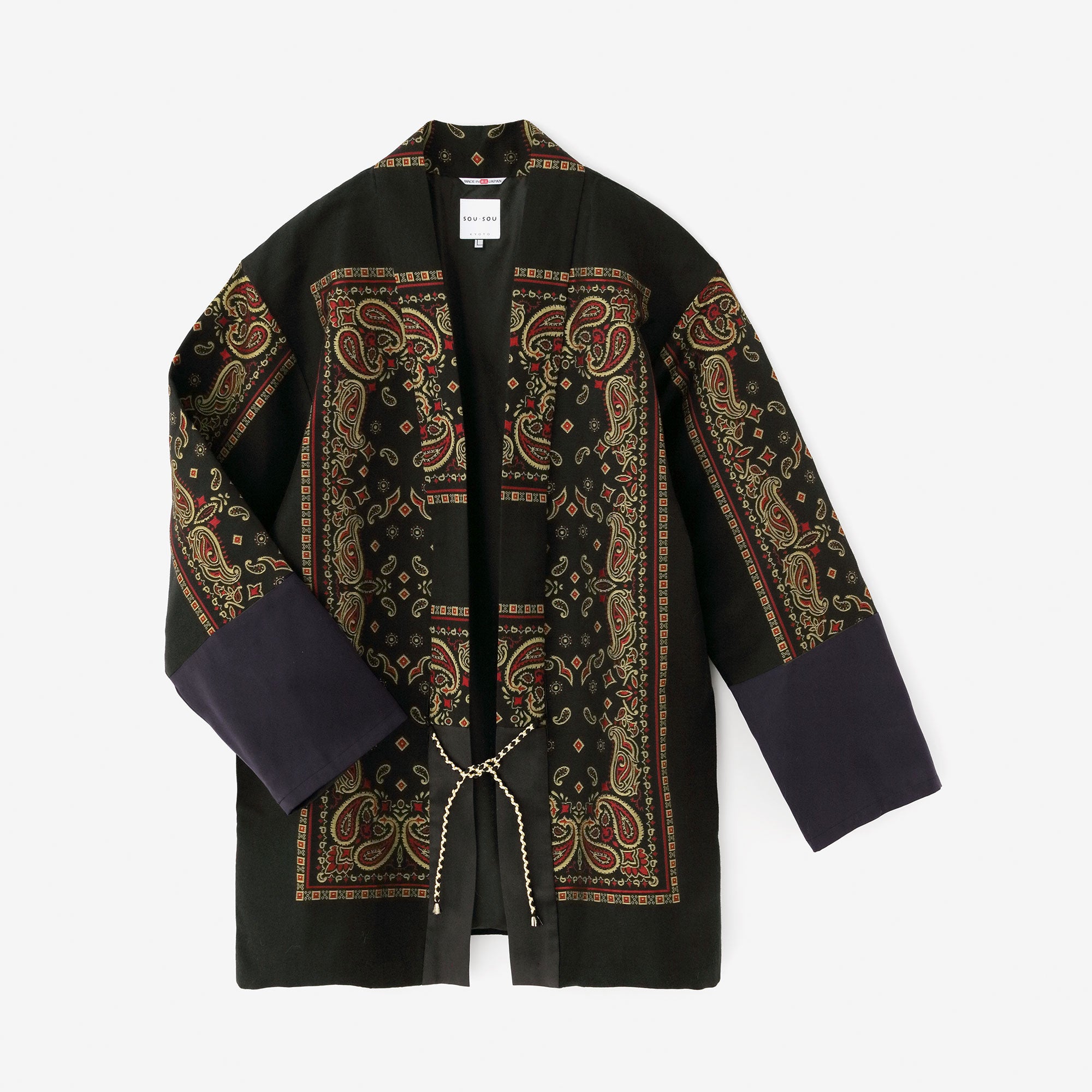 Kiryu Jacquard Bi-color Sleeve Tight Sleeve Hanten Jacket with Lining / Black×Gorgeous