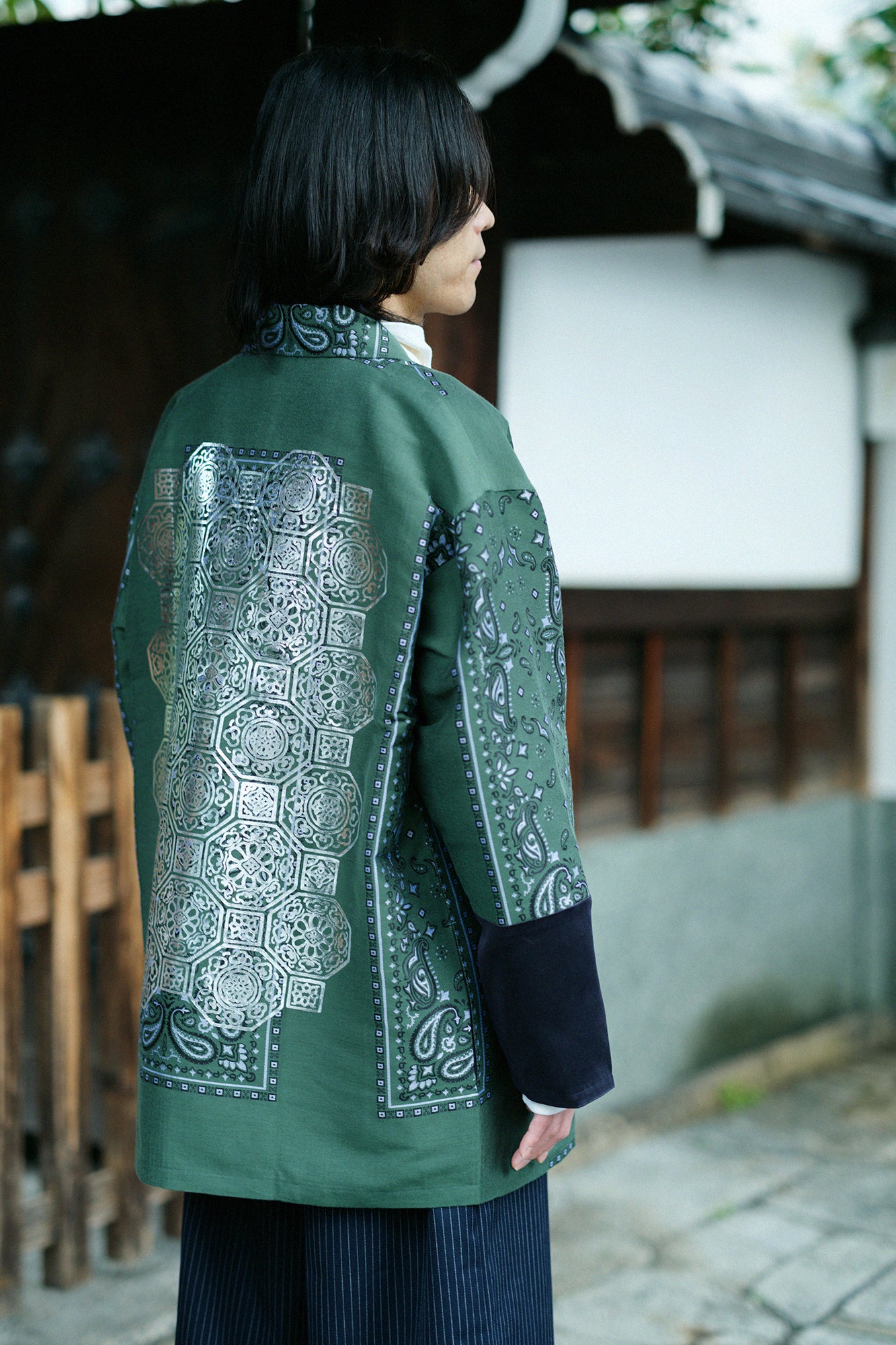 Kiryu Jacquard Bi-color Sleeve Tight Sleeve Hanten Jacket with Lining / Blue Green×Gorgeous