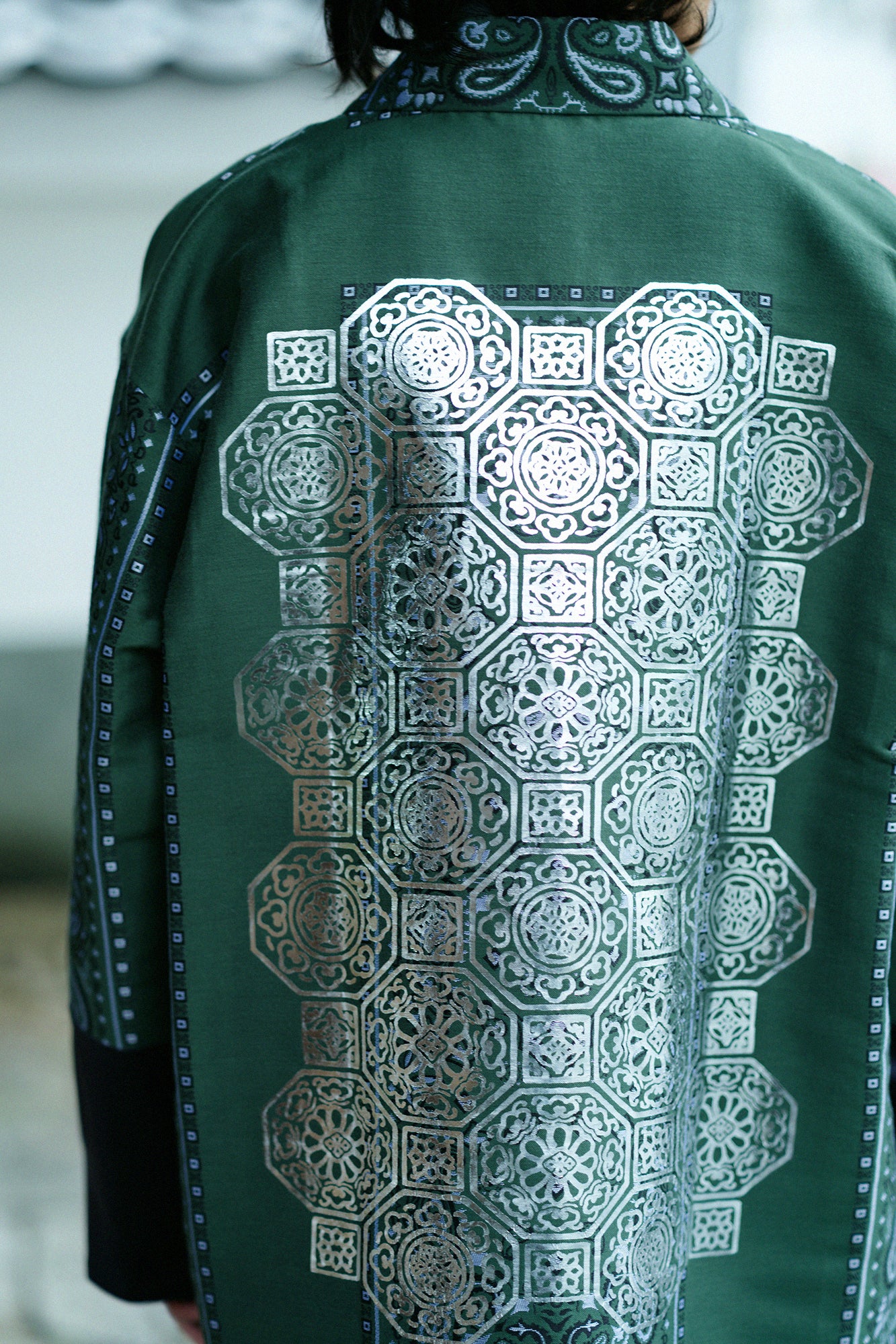 Kiryu Jacquard Bi-color Sleeve Tight Sleeve Hanten Jacket with Lining / Blue Green×Gorgeous