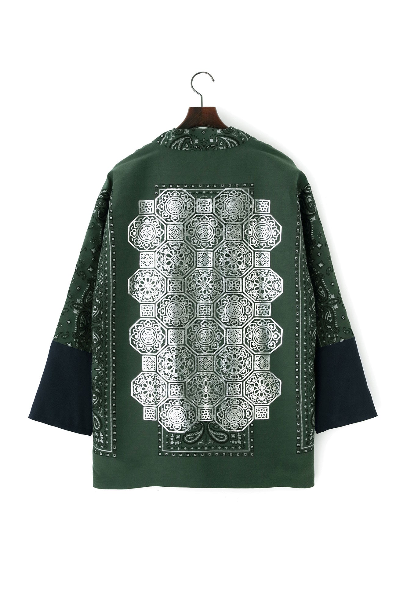 Kiryu Jacquard Bi-color Sleeve Tight Sleeve Hanten Jacket with Lining / Blue Green×Gorgeous
