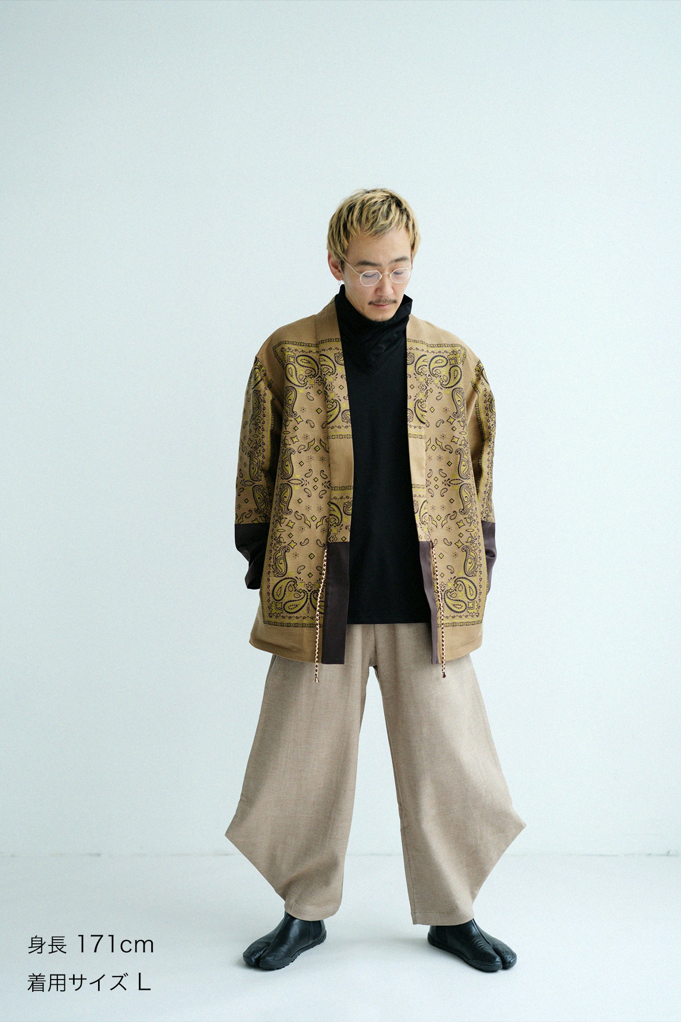 Kiryu Jacquard Bi-color Sleeve Tight Sleeve Hanten Jacket with Lining / Yellowish Brown×Gorgeous