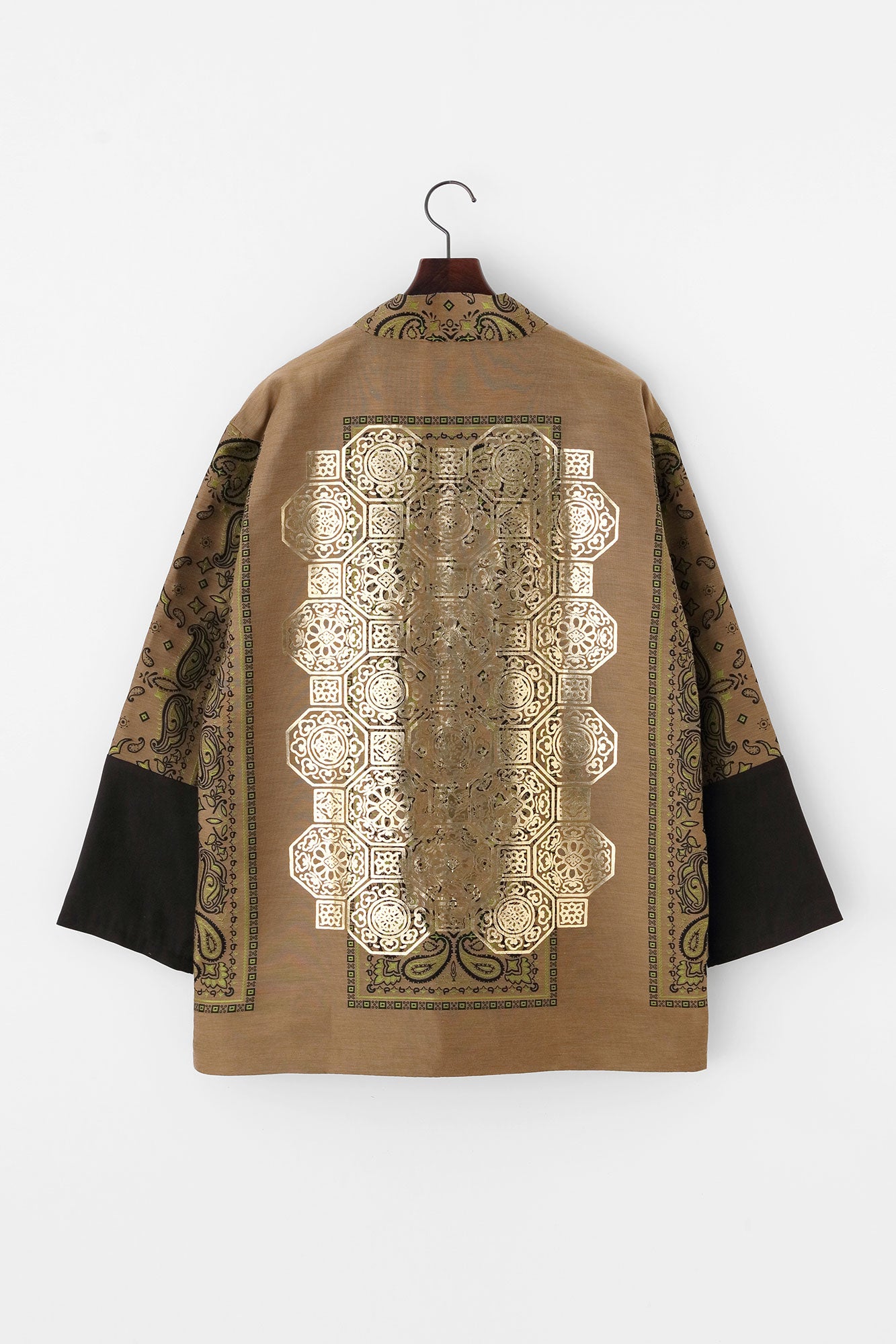 Kiryu Jacquard Bi-color Sleeve Tight Sleeve Hanten Jacket with Lining / Yellowish Brown×Gorgeous