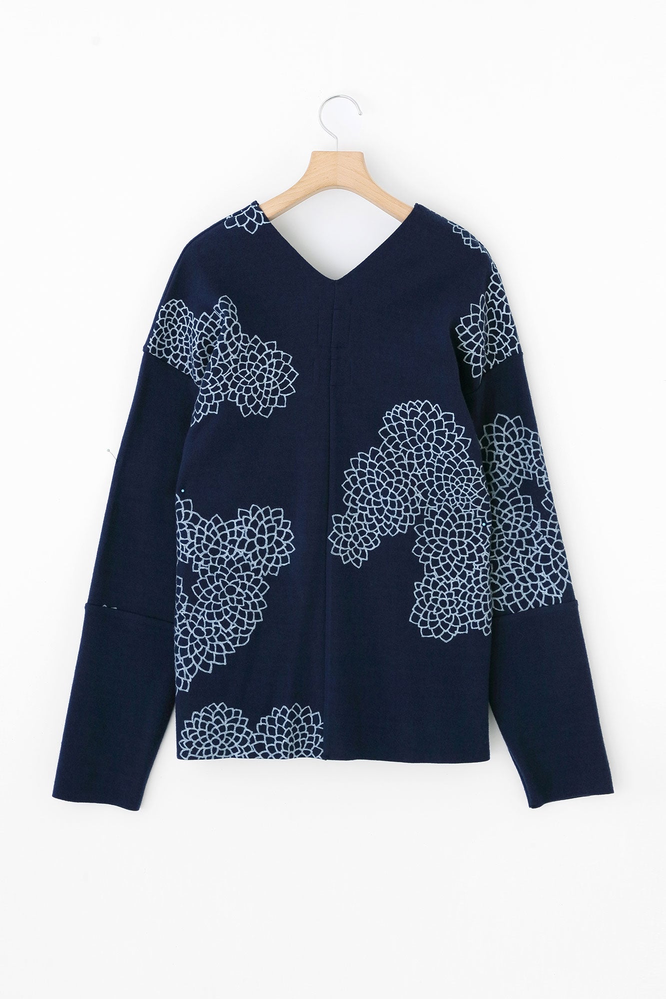 梳毛 針織 雙色袖V領貫頭衣/雲間菊 寶藍色