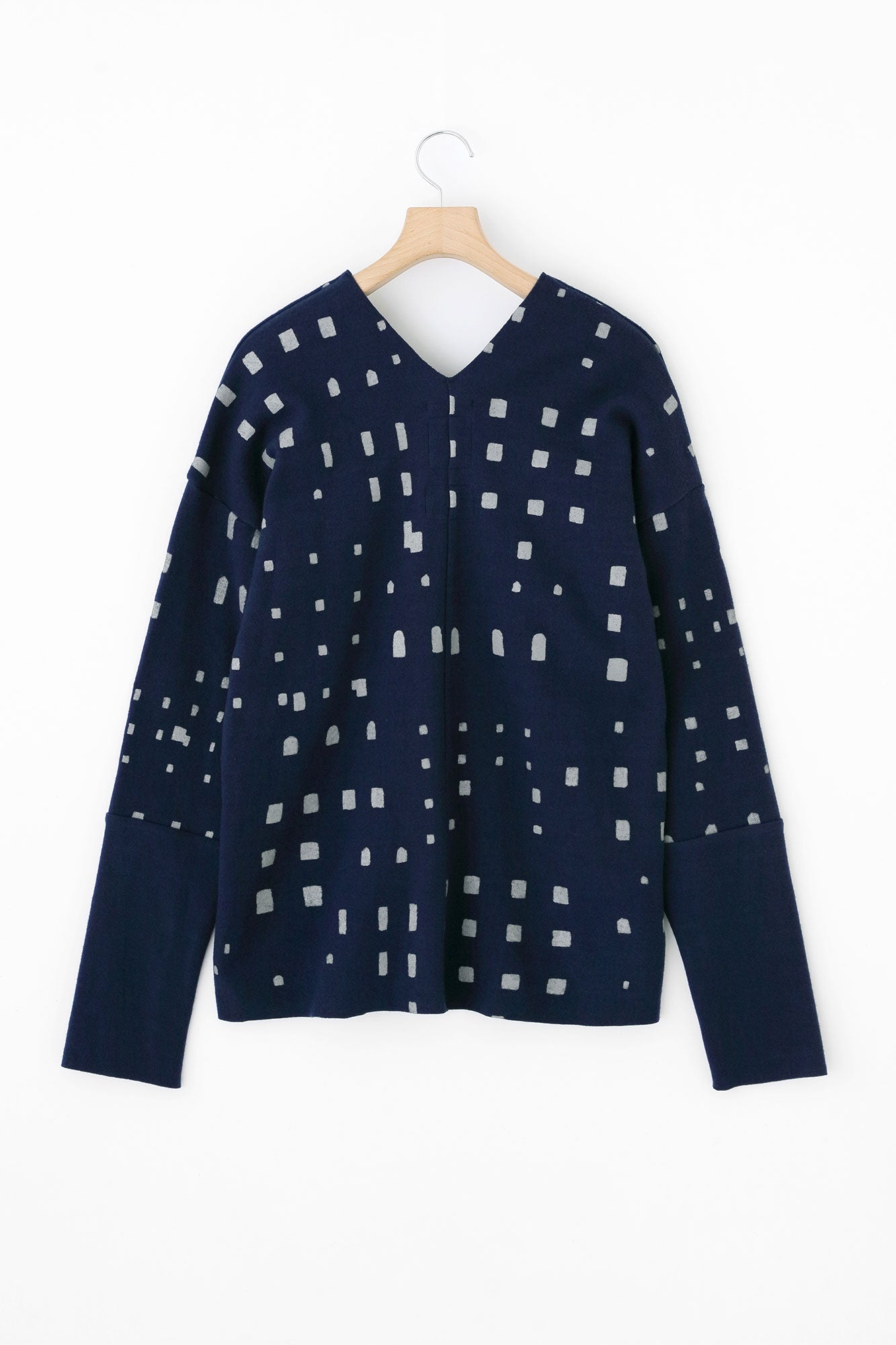 梳毛 針織 雙色袖V領貫頭衣/窗 寶藍色