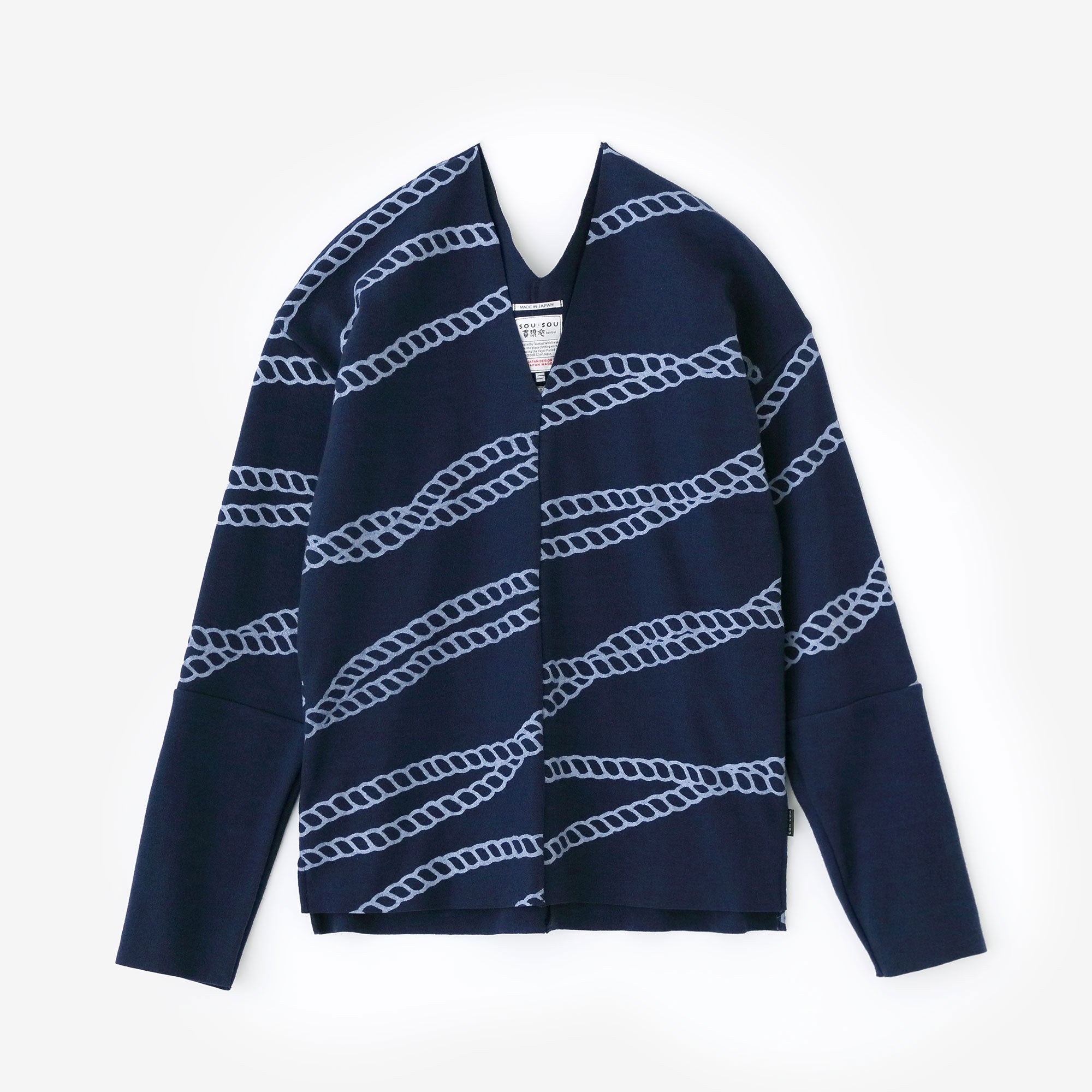 梳毛 針織 雙色袖V領貫頭衣/束縛 寶藍色