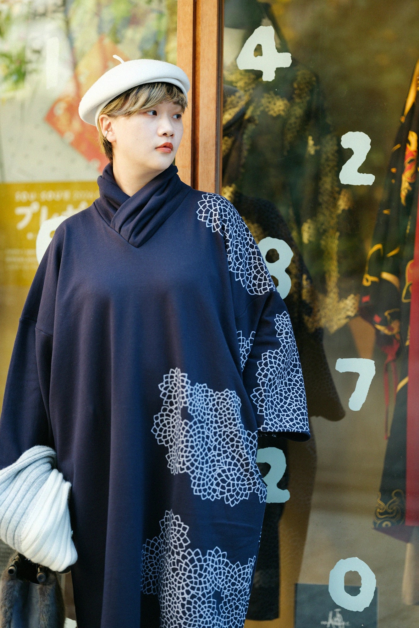 Fleece Turtle Neck Naginata Rectangular Dress / Chrysanthemum in Clouds and Blank Dark Blue